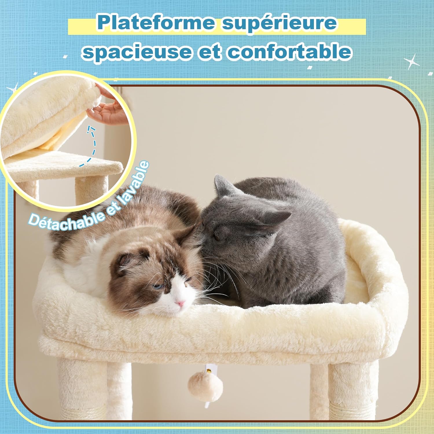 Thumbnail 3 de Hey-brother Arbre à Chat – Tour de Jeu avec grande plateforme et 2 niches (MPJ071M) – Beige