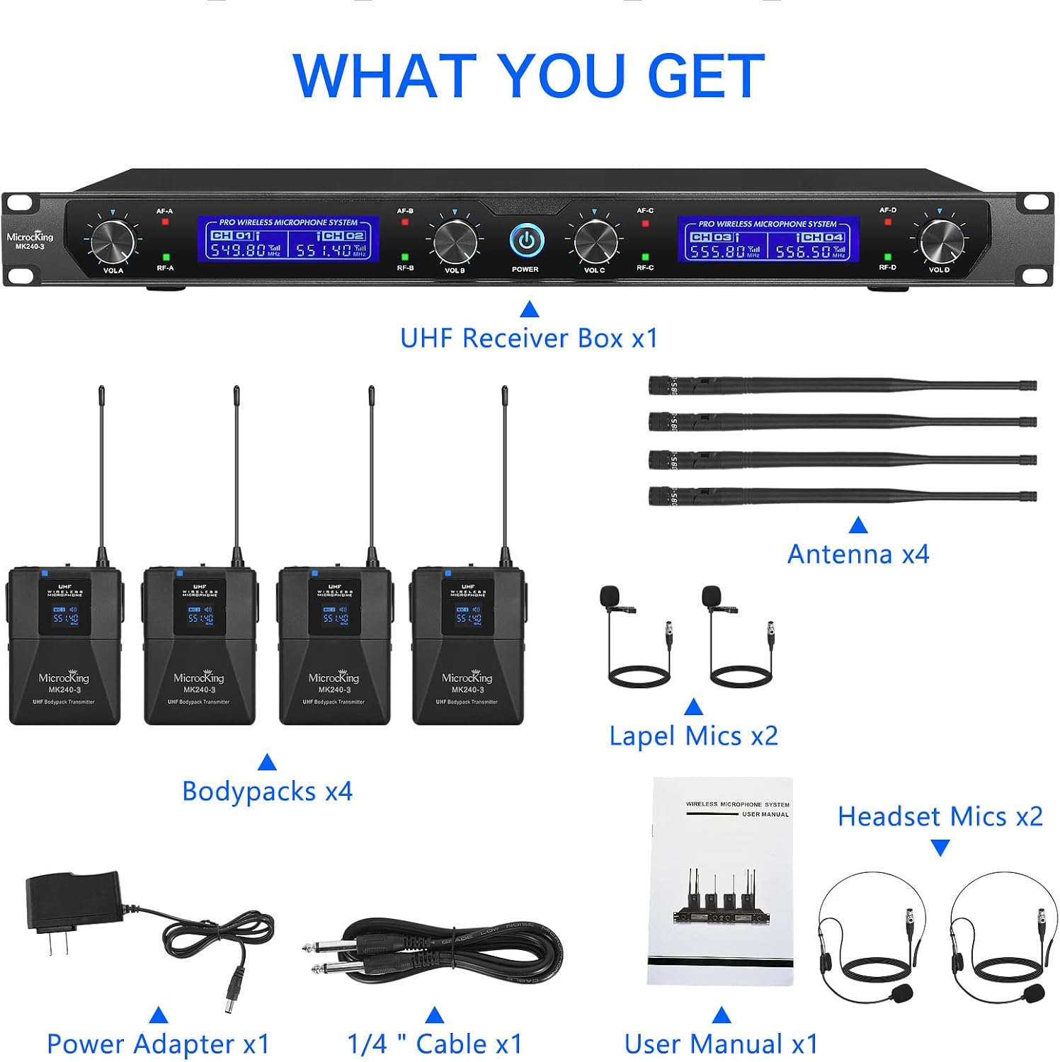 Thumbnail 6 de MicrocKing MK240-3 Wireless Microphone System, 4 Channels with Bodypacks