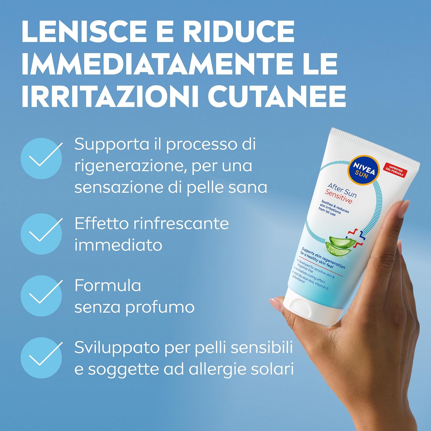 Detalle 2 de NIVEA SUN Doposole Sensitive Gel Idratante 150 ml – Sollievo immediato per pelli sensibili