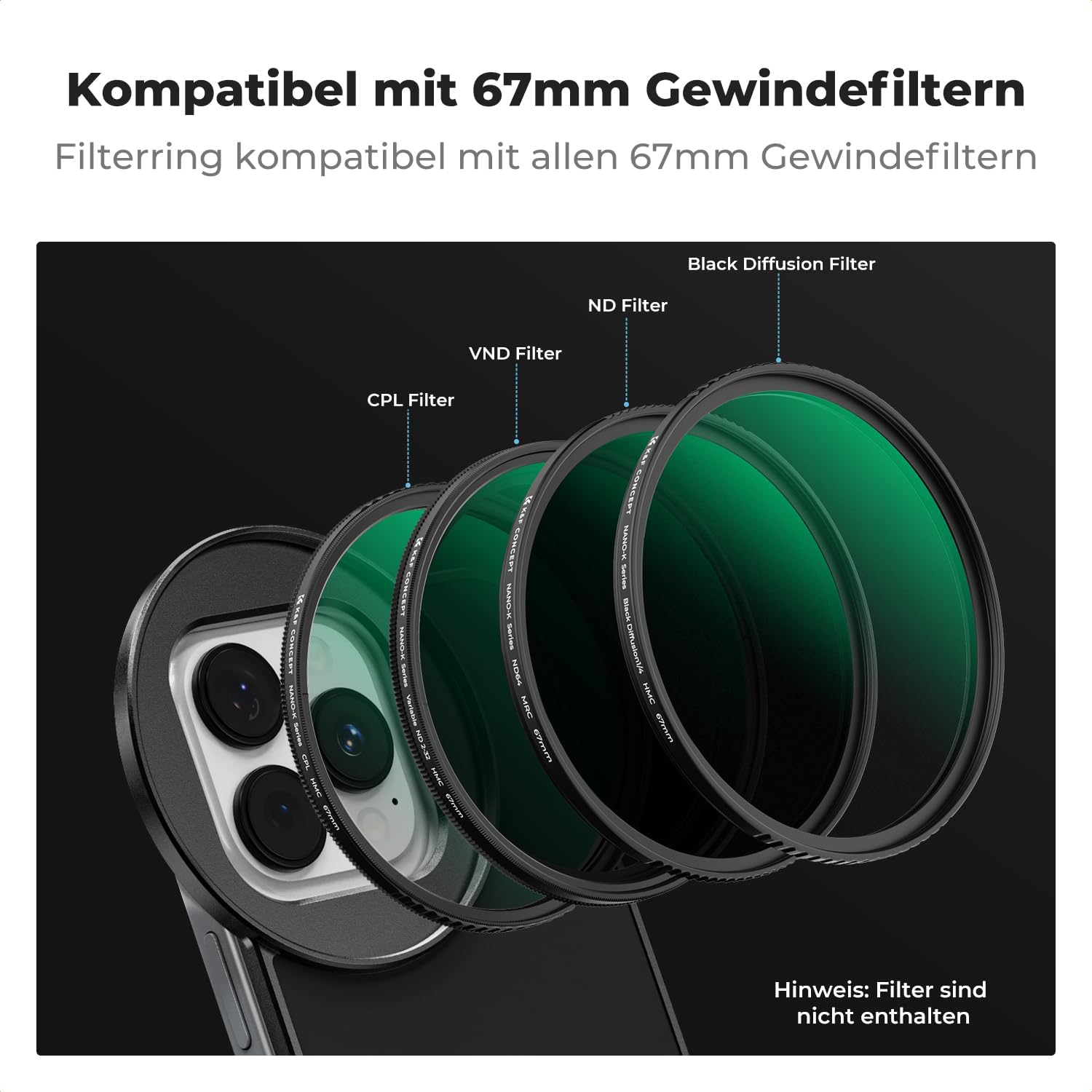 Thumbnail 4 de K&F CONCEPT Magnetischer Filterrahmen für iPhone (6,1 Zoll) – Montageadapter für Objektivfilter 67 mm