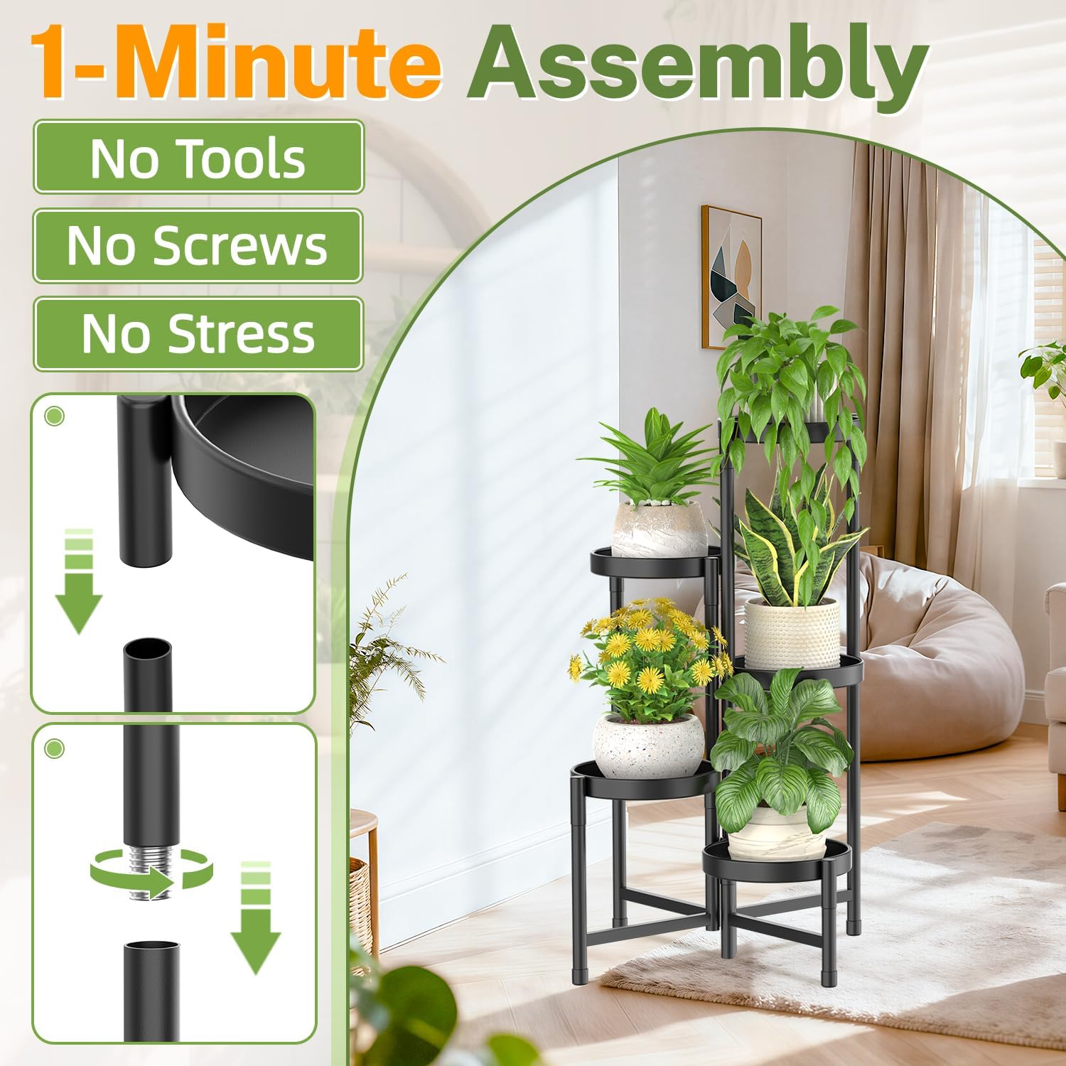 Detalle de iDavosic.ly-1022 5-Tier Metal Plant Stand, Foldable Black Corner Shelf