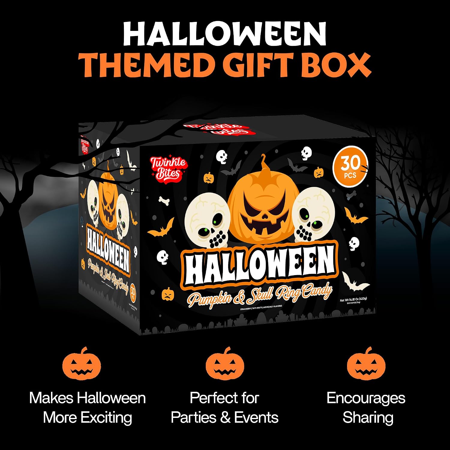 Thumbnail 4 de Twinkle Bites 30-Pack Halloween Ring Lollipops, Pumpkin and Skull Designs