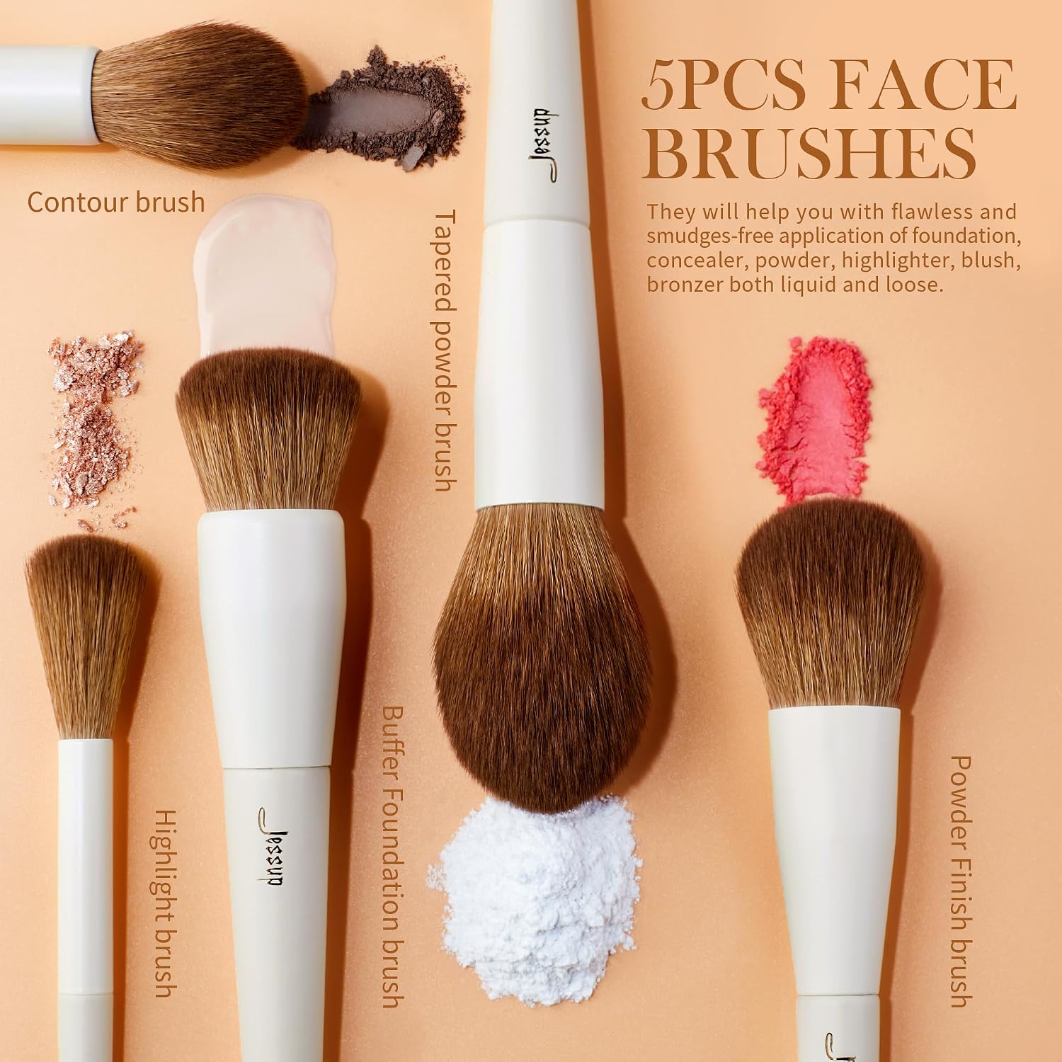Detalle de Jessup 5-teiliges Make-up-Pinselset für das Gesicht (Hellgrau T493) – Foundation, Rouge, Bronzer, Kontur & Highlighter
