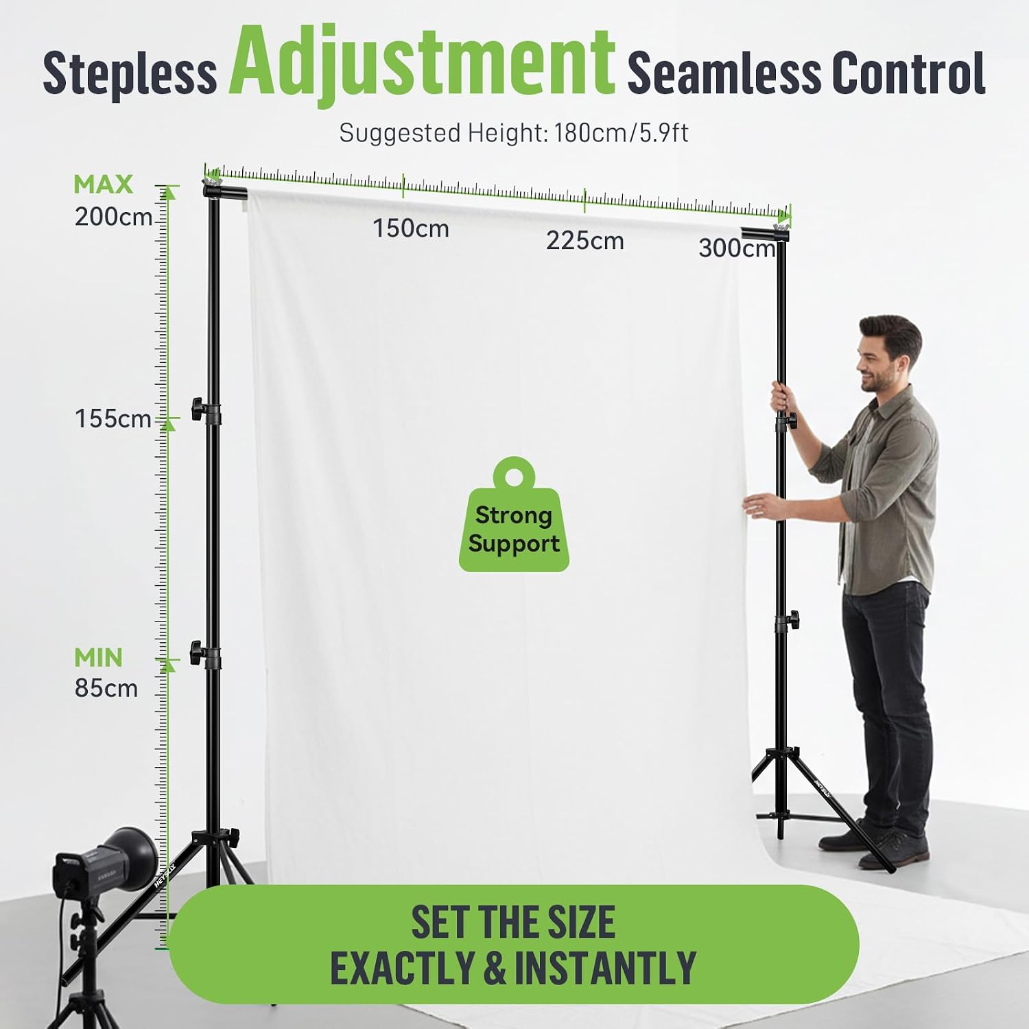 Detalle de Heysliy Portable Backdrop Stand Kit for Photography – Adjustable 2 x 3M (71–200 cm x 85–300 cm) with Sandbags & Clamps