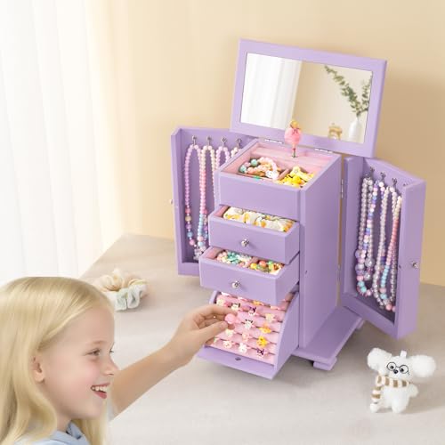 Detalle de Emfogoo Boîte à Bijoux Fille — 4 Niveaux avec Danseuse en Rotation, boîte en bois violette