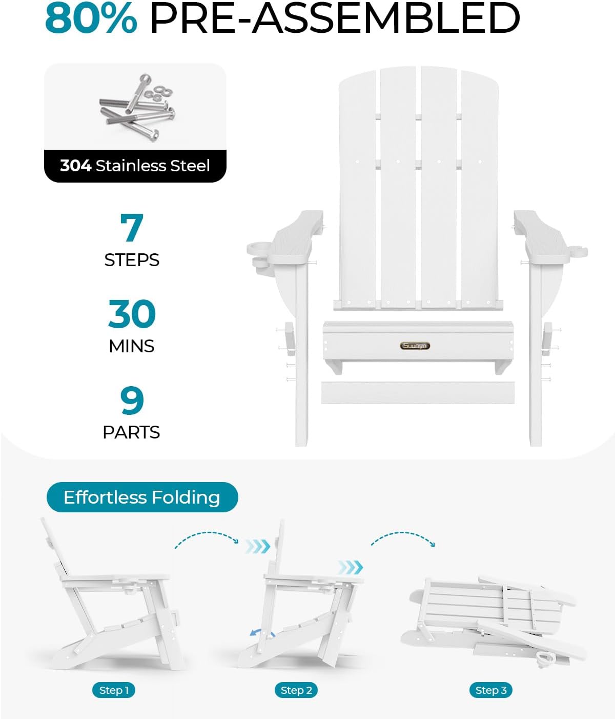 Thumbnail 6 de SUUNYN Adirondack Chair, White Foldable HDPE with 2 Cup Holders