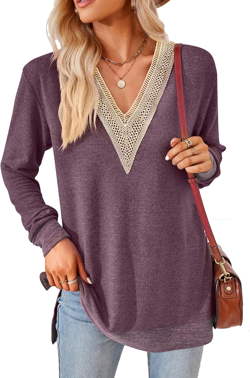 Thumbnail 6 de iChunhua Women's V Neck Lace Trim Lightweight Soft Jumper