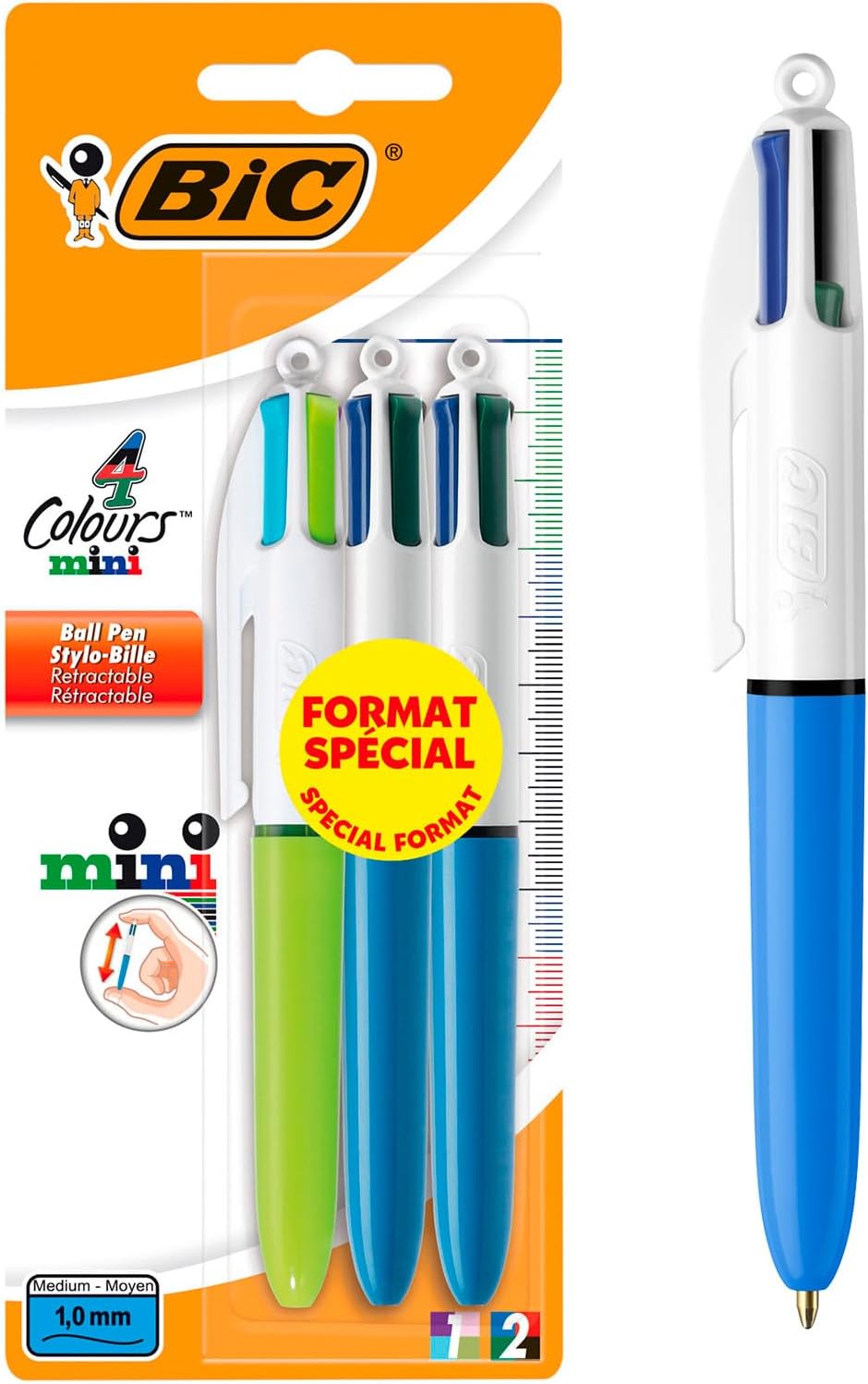 Detalle de BIC 4 Couleurs Mini – Stylos-bille rétractables, Pointe moyenne 1,0 mm, blister 3