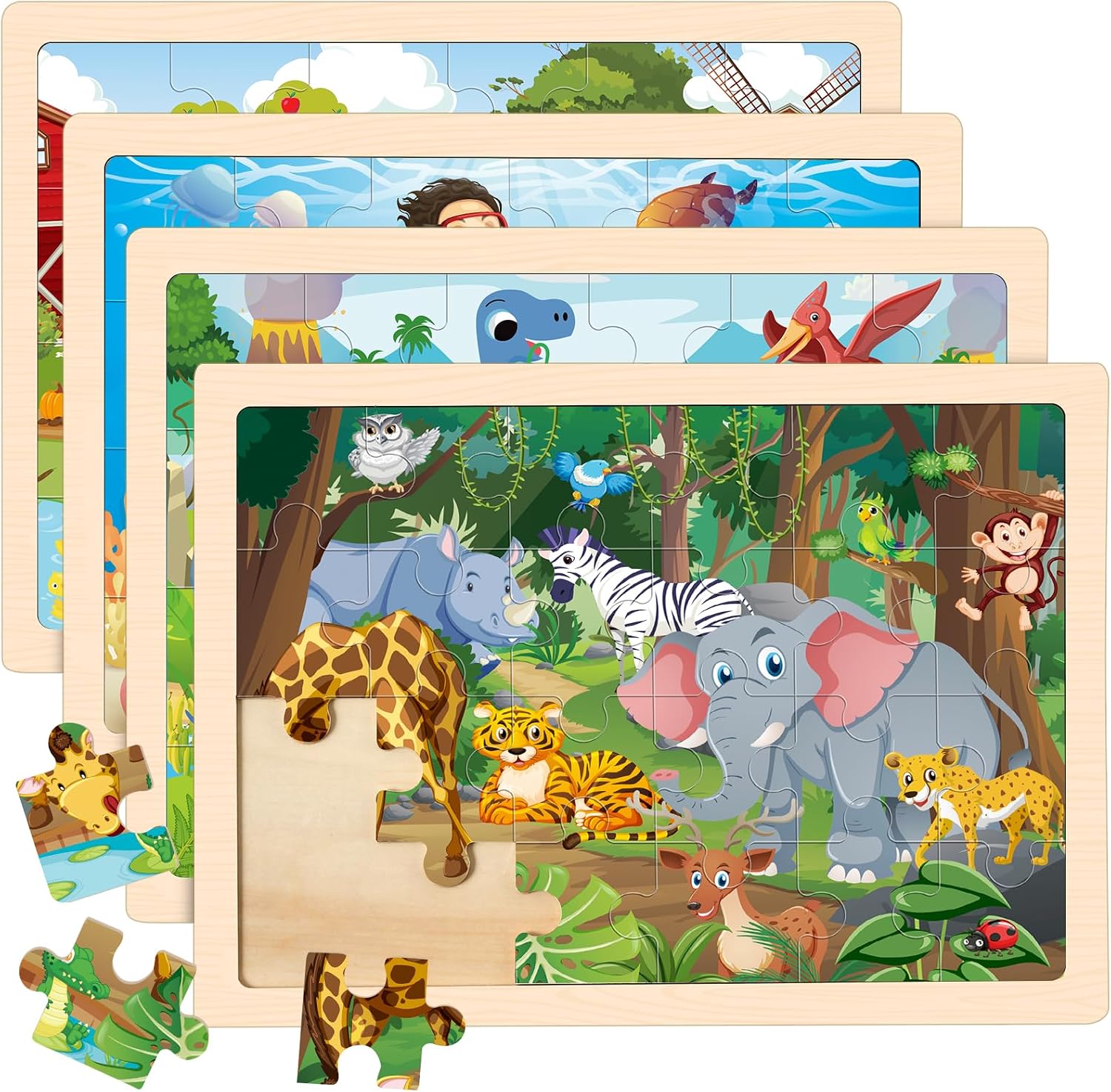 Detalle de Wooden Animals Jigsaw Puzzles for Kids (Ages 3-6), 4 Packs with 24 Pieces Each