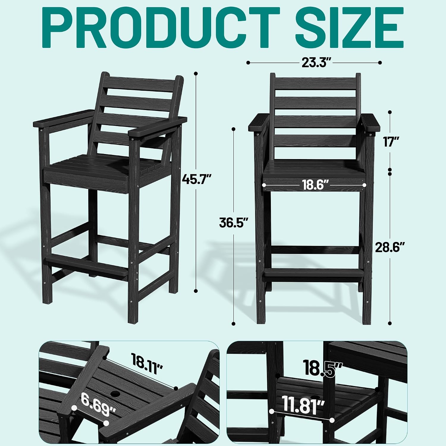 Detalle de PLUUV A03-002-001-BK Tall Adirondack Chairs, Set of 2 with Connecting Trays