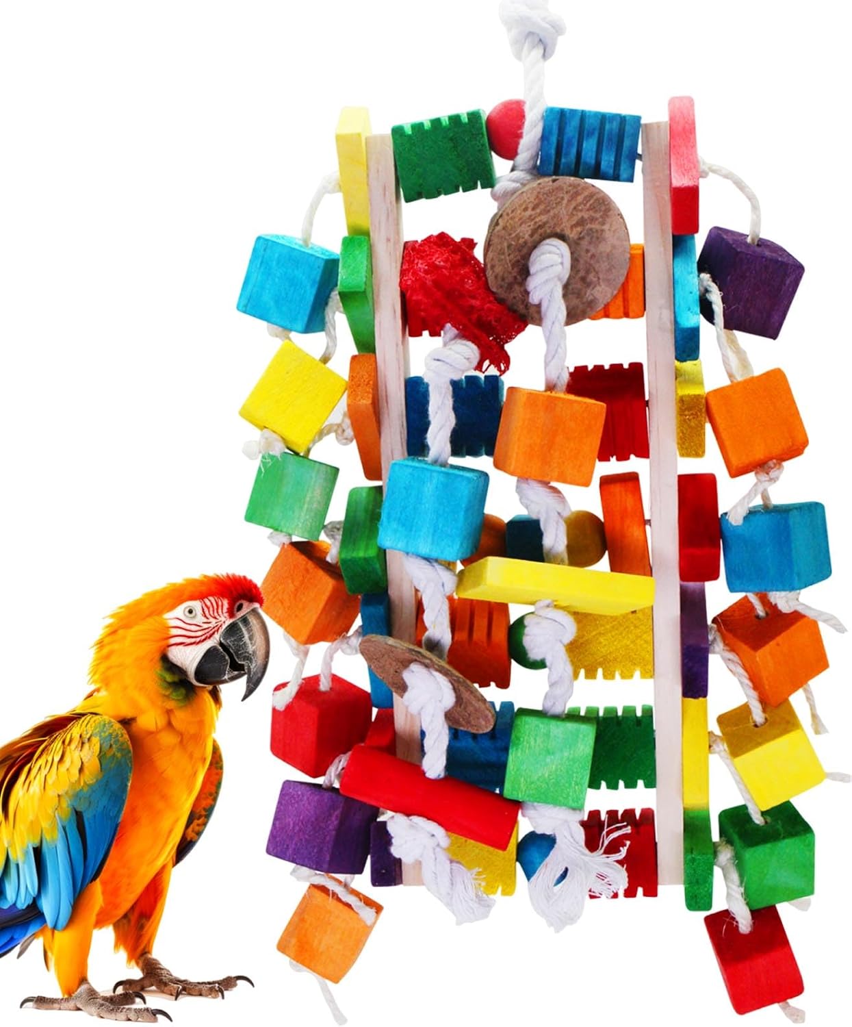 MQUPIN Large Bird Parrot Toys – Natural wooden blocks with foraging gaps and cotton climbing ropes
