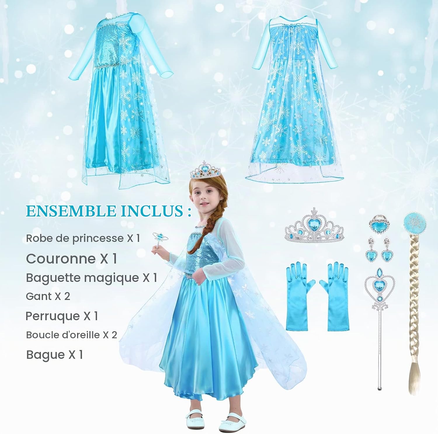 Thumbnail 3 de URAQT CBE-Frozendress-FBA Elsa-prinsessenkostuum met accessoires, maat 100-150 cm