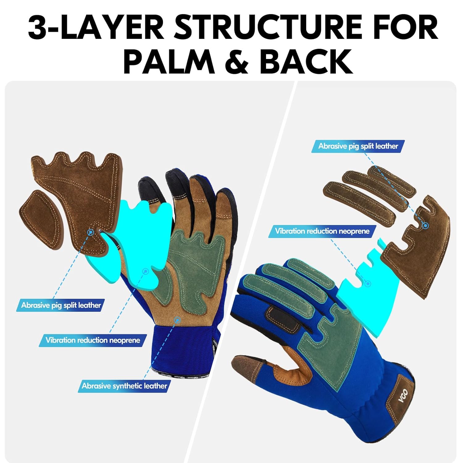 Detalle de Vgo... Gants résistants aux coupures en cuir avec doublure HPPE – Taille XL, bleu