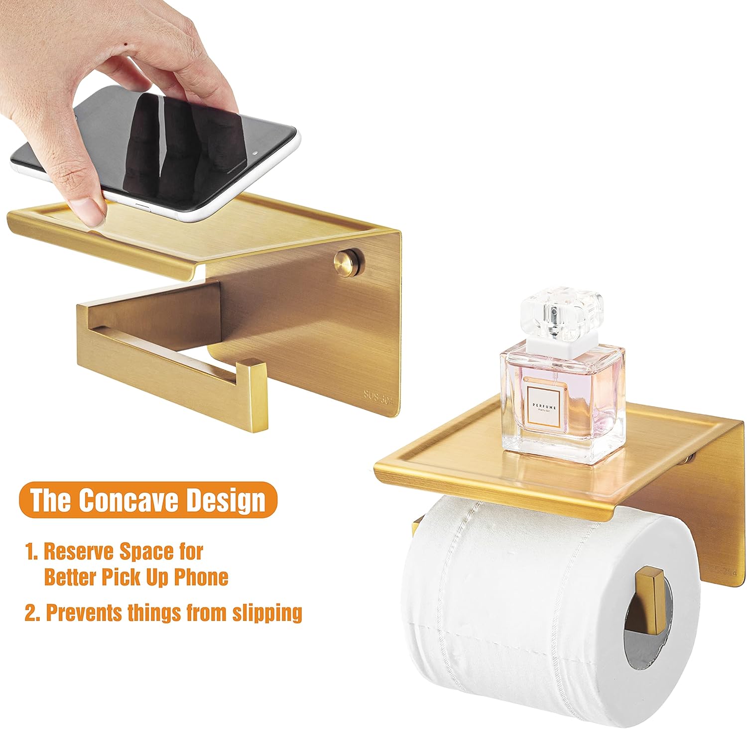Thumbnail 1 de HITSLAM Toilettenpapierhalter Ohne Bohren – Edelstahl gold mit Ablage, Wandmontage