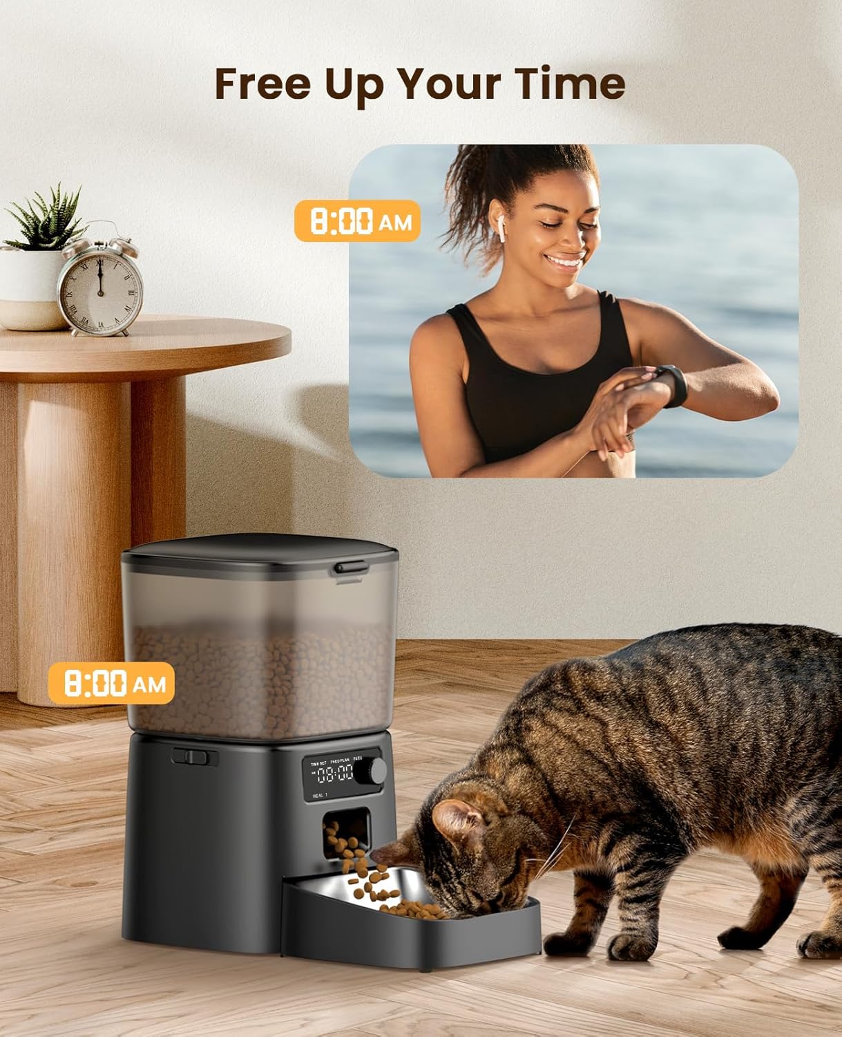 Detalle de oneisall Alimentatore automatico per gatti da 3,5 L con timer programmabile e ciotola in acciaio inox