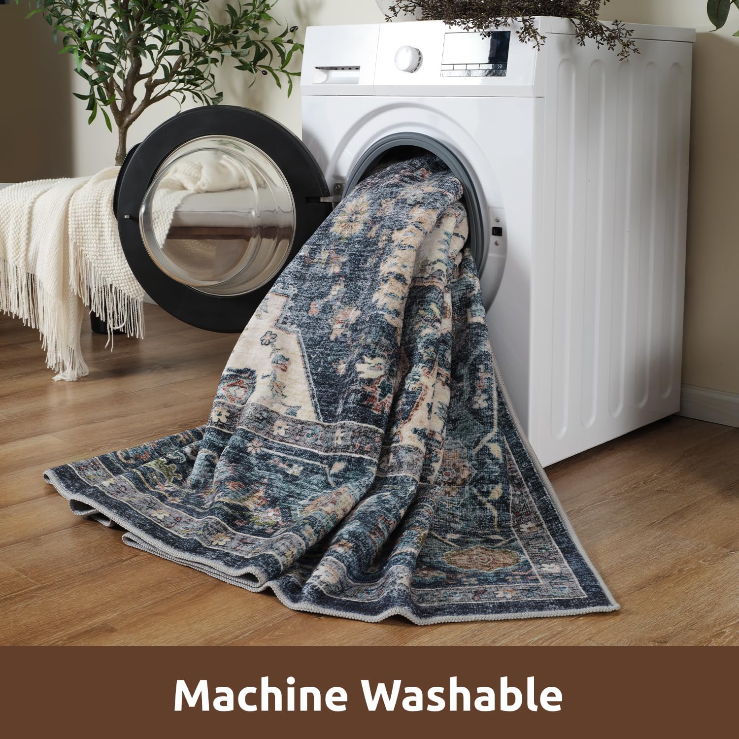 Thumbnail 3 de AMOAMI 9x12 Vintage Soft Blue Area Rug with Non-Slip Backing (Washable)