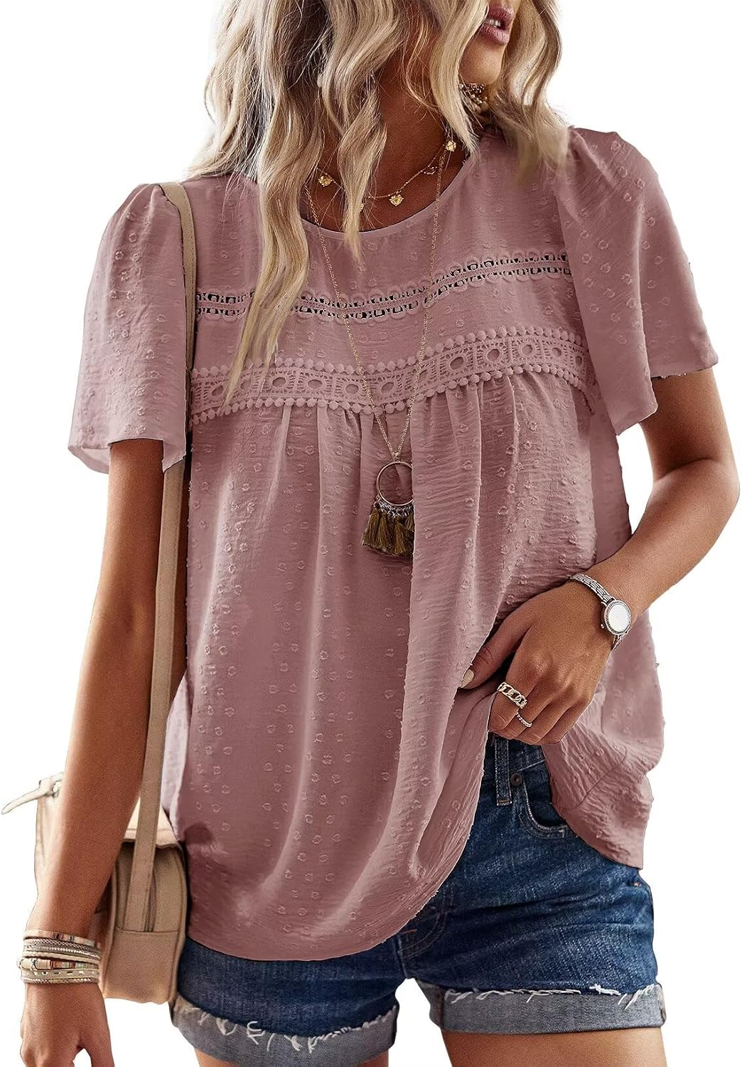 Detalle de TUUHAW Femme chemisier boho en dentelle, manches courtes et col rond