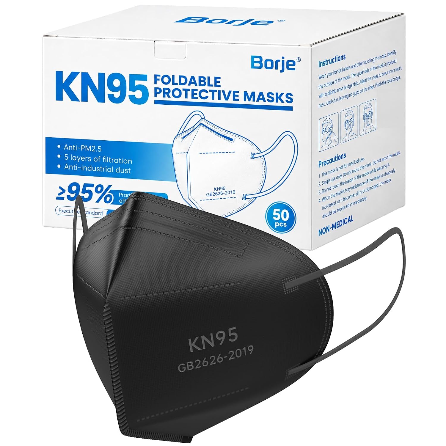 Detalle de Borje KN95 Face Masks, 50-Pack, Black, 5-Layer Filtration