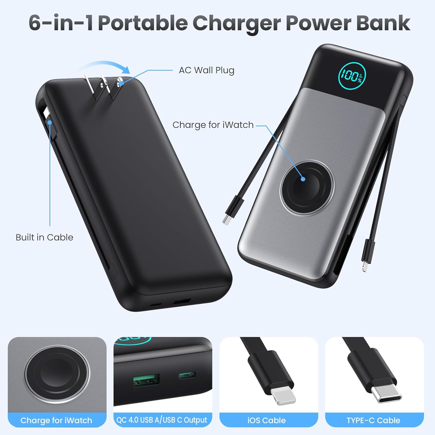 Thumbnail 1 de FOCHEW HX100M9 Power Bank, 26,800mAh, 25W PD, Built-In Cables