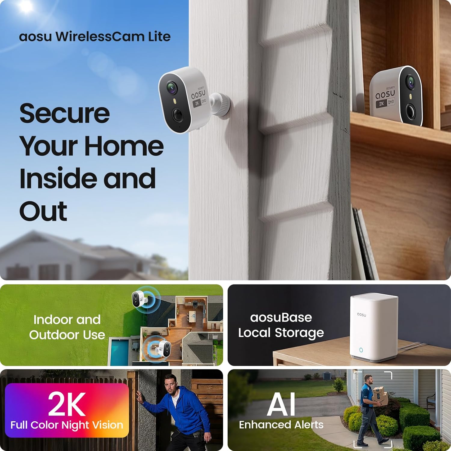 Thumbnail 1 de aosu 2K Security Cameras Wireless Outdoor 4-Cam Kit System with aosuBase 2.0 (No Subscription, Local Storage, 32GB, Expandable to 1TB)