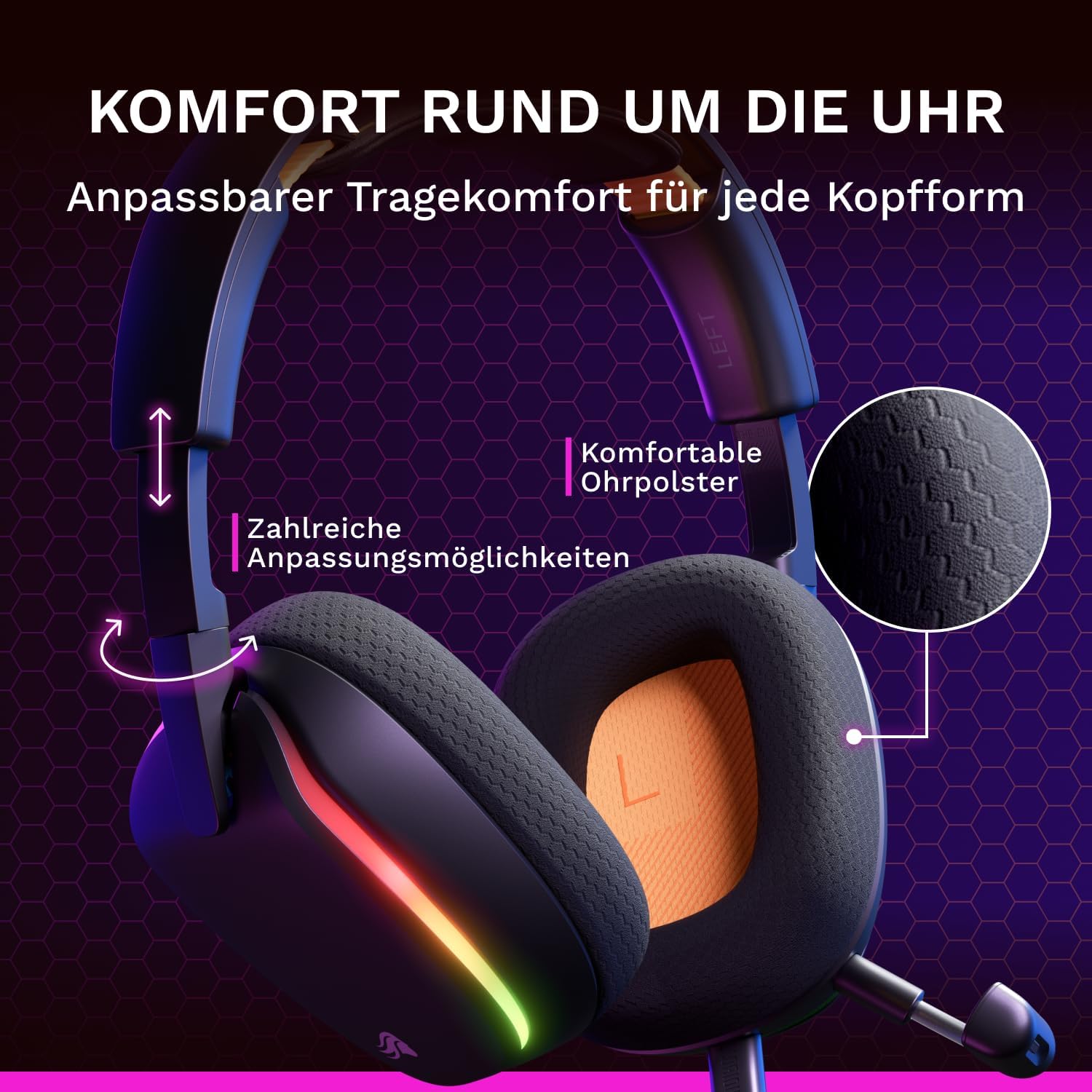 Detalle de GLORIOUS GHS Eternal RGB Gaming-Headset – Abnehmbares Mikrofon, USB-C, 16,8 Mio. Farben, Komfort & Robustheit