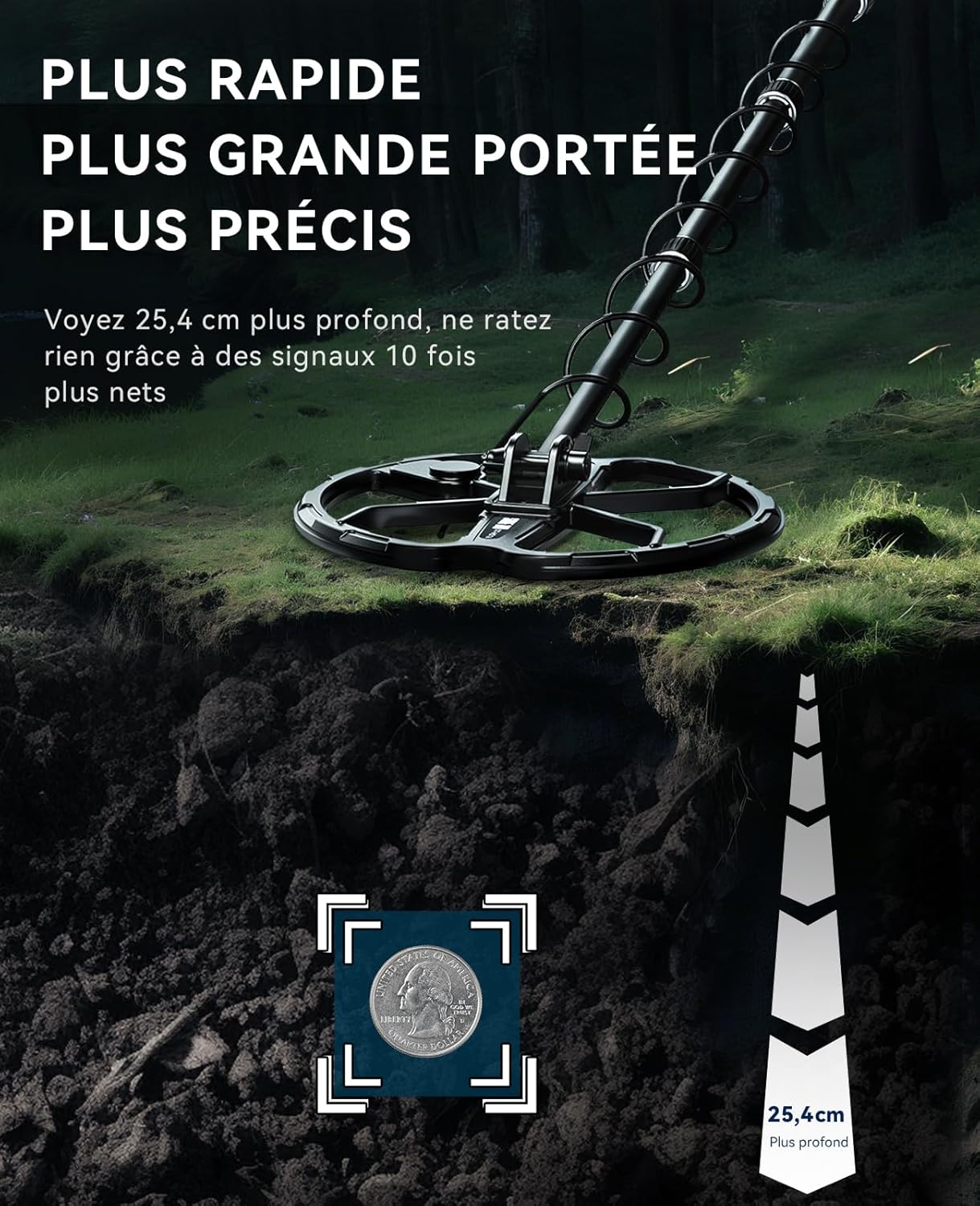 Thumbnail 3 de SUNPOW Détecteur de Métaux – Bobine Double D 28 cm, Batterie Li-ion 35 h, 4 modes, 7 métaux identifiés, IP68