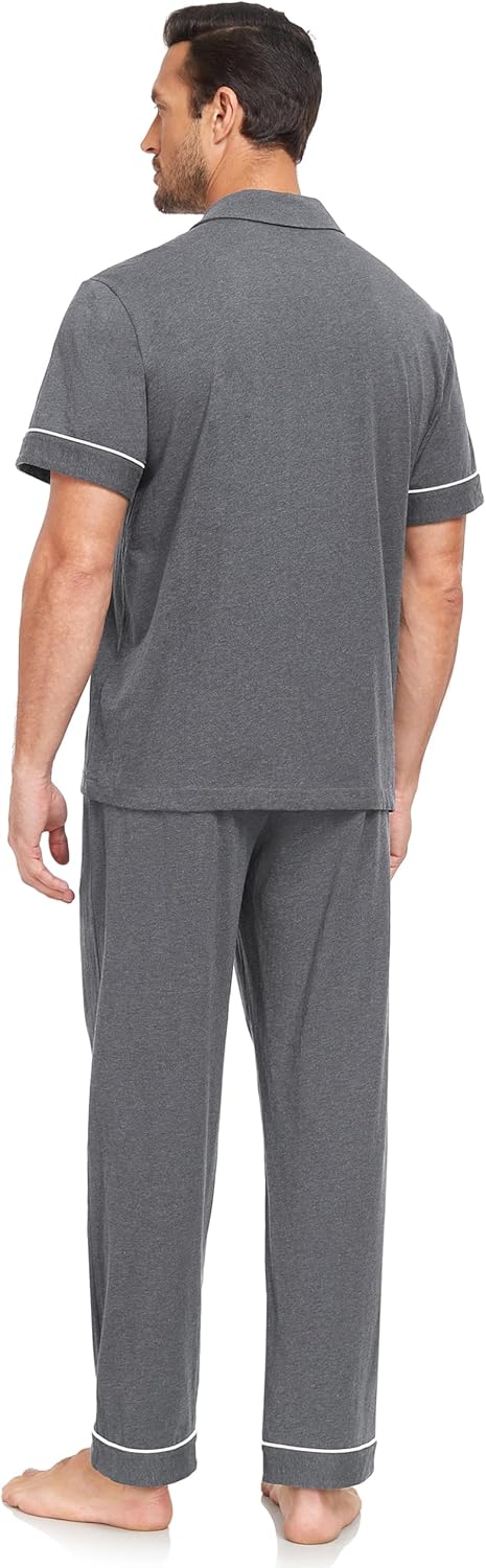 Detalle de EA'S SECRET Herren Schlafanzug-Set 100% Baumwolle | Kurzarm + Langhose, Knopfverschluss, Taschen, S–XXL