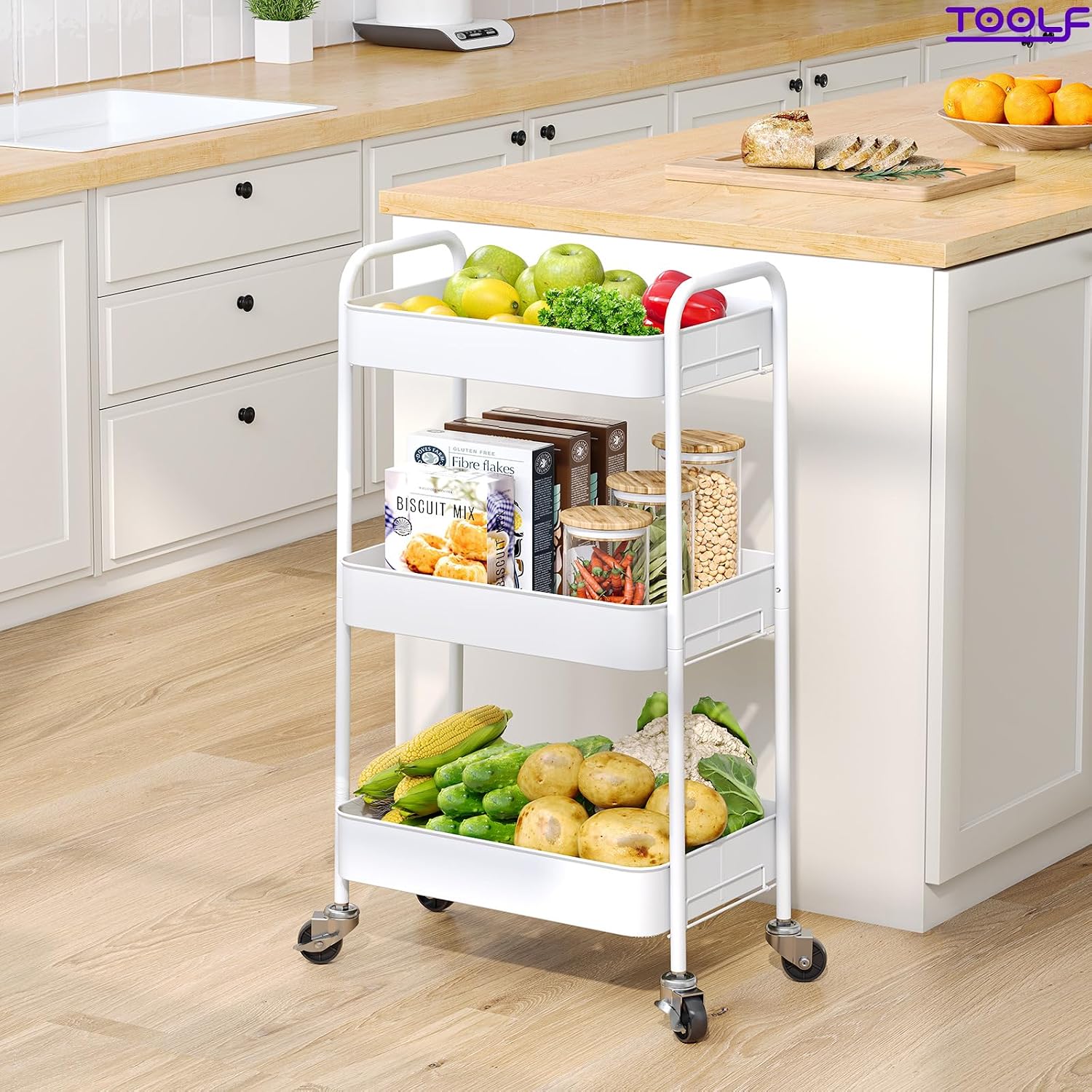 Thumbnail 6 de TOOLF WK131218 3-Tier Metal Rolling Cart, White, Tool-Free Assembly