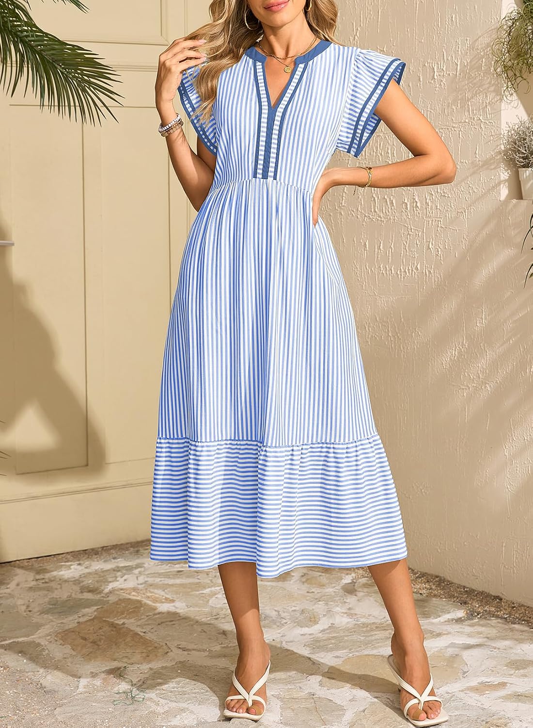Detalle de Dokotoo Women's Dresses 2026 Summer V-Neck Ruffle Dress with Pockets