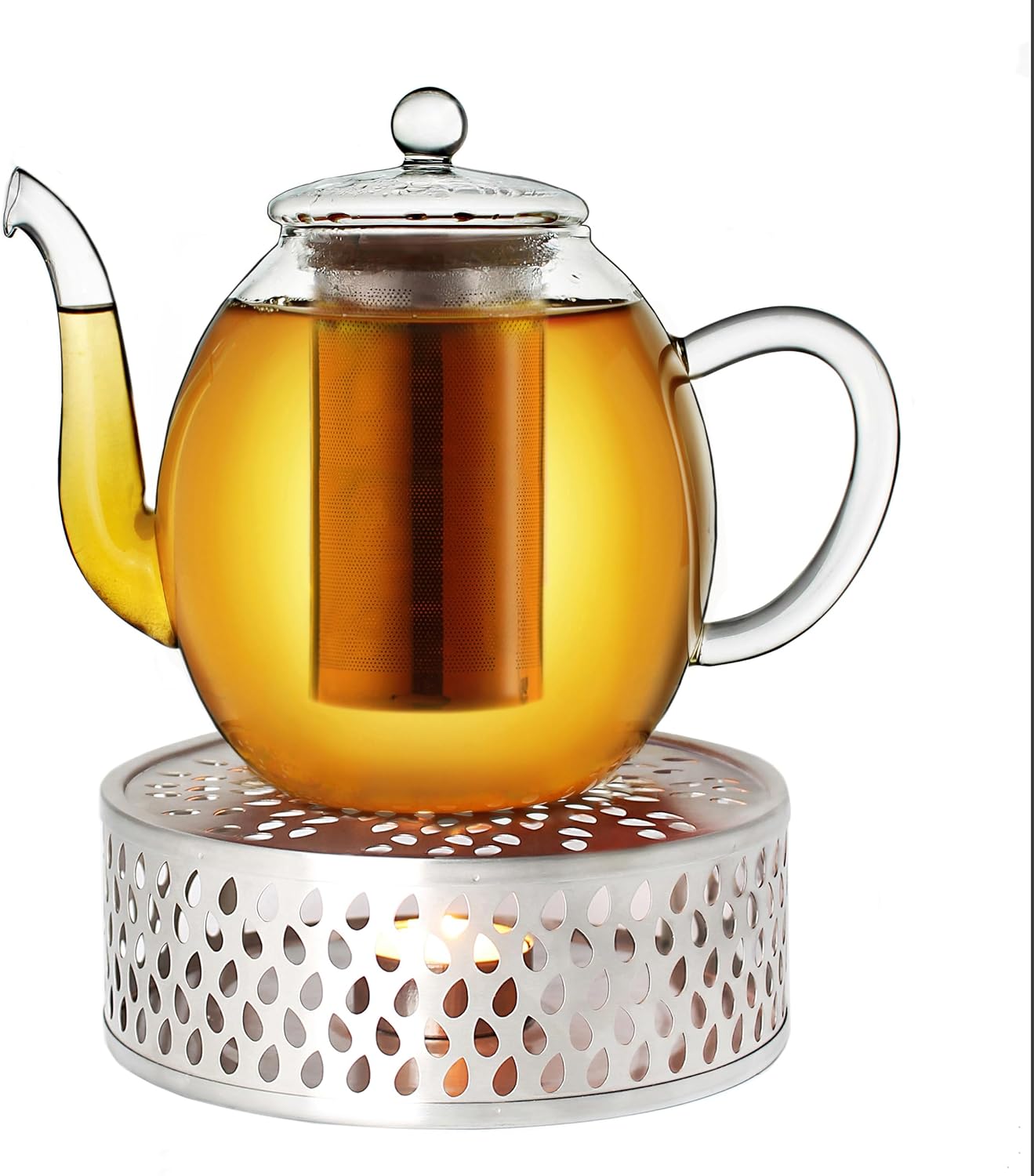 Detalle de Creano 419 glazen theepot Hoog 1 liter met RVS-filter en Leaf-theelichtwarmer