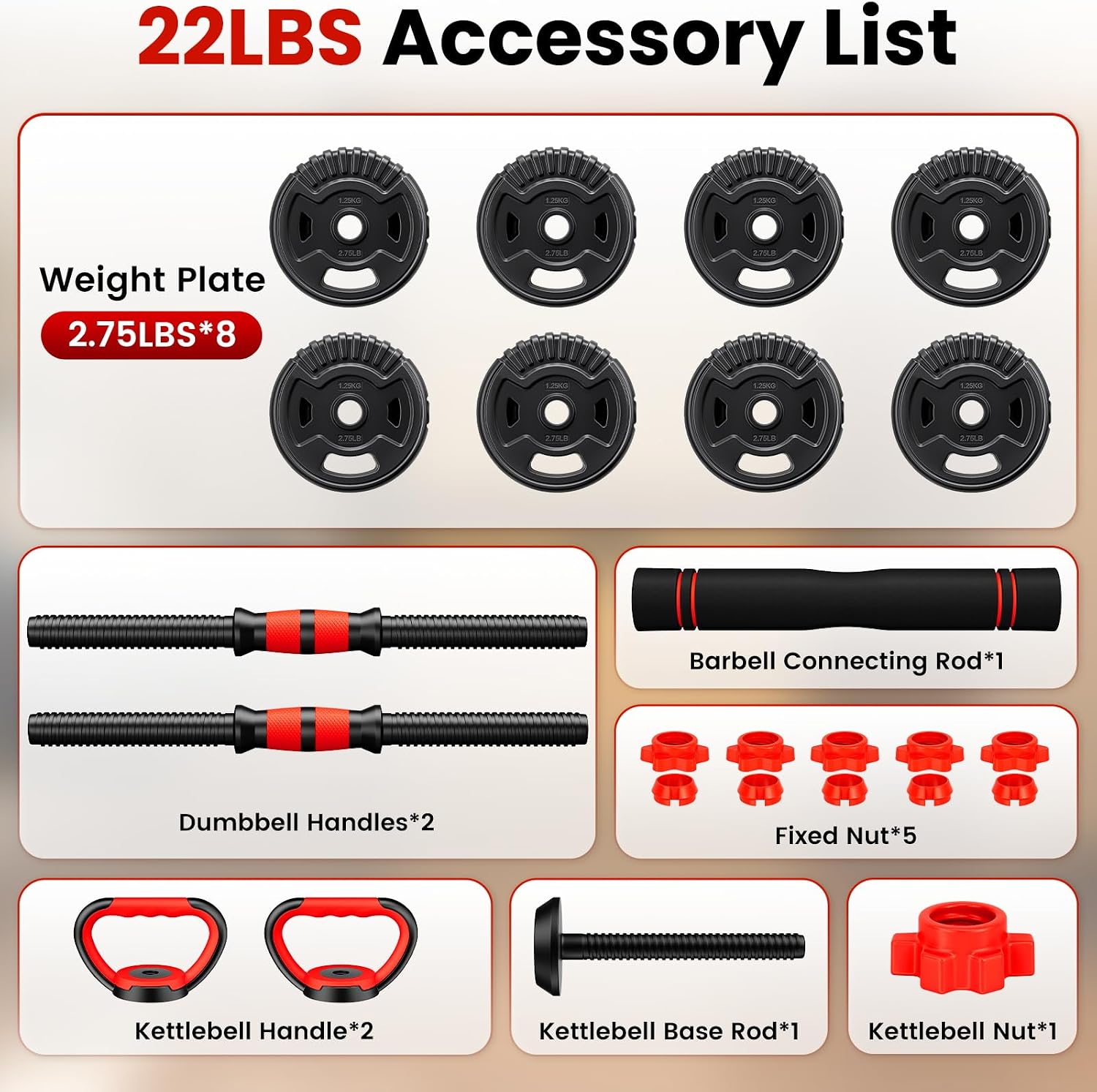 Thumbnail 1 de SAUVOO 22 lb Adjustable Dumbbell Set, 5-in-1 Home Gym Weights