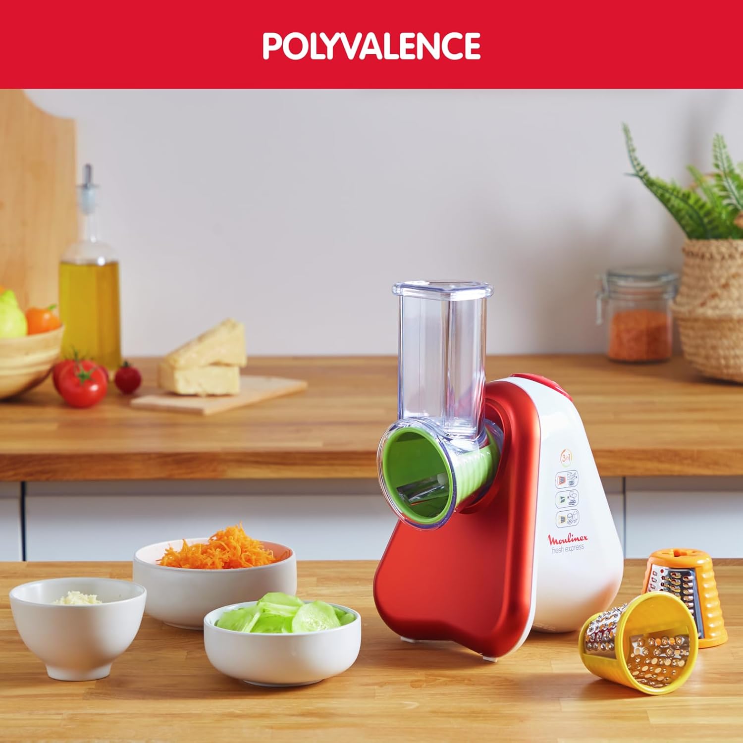Detalle de Moulinex Fresh Express Découpe-légumes électrique 3 fonctions – Rouge