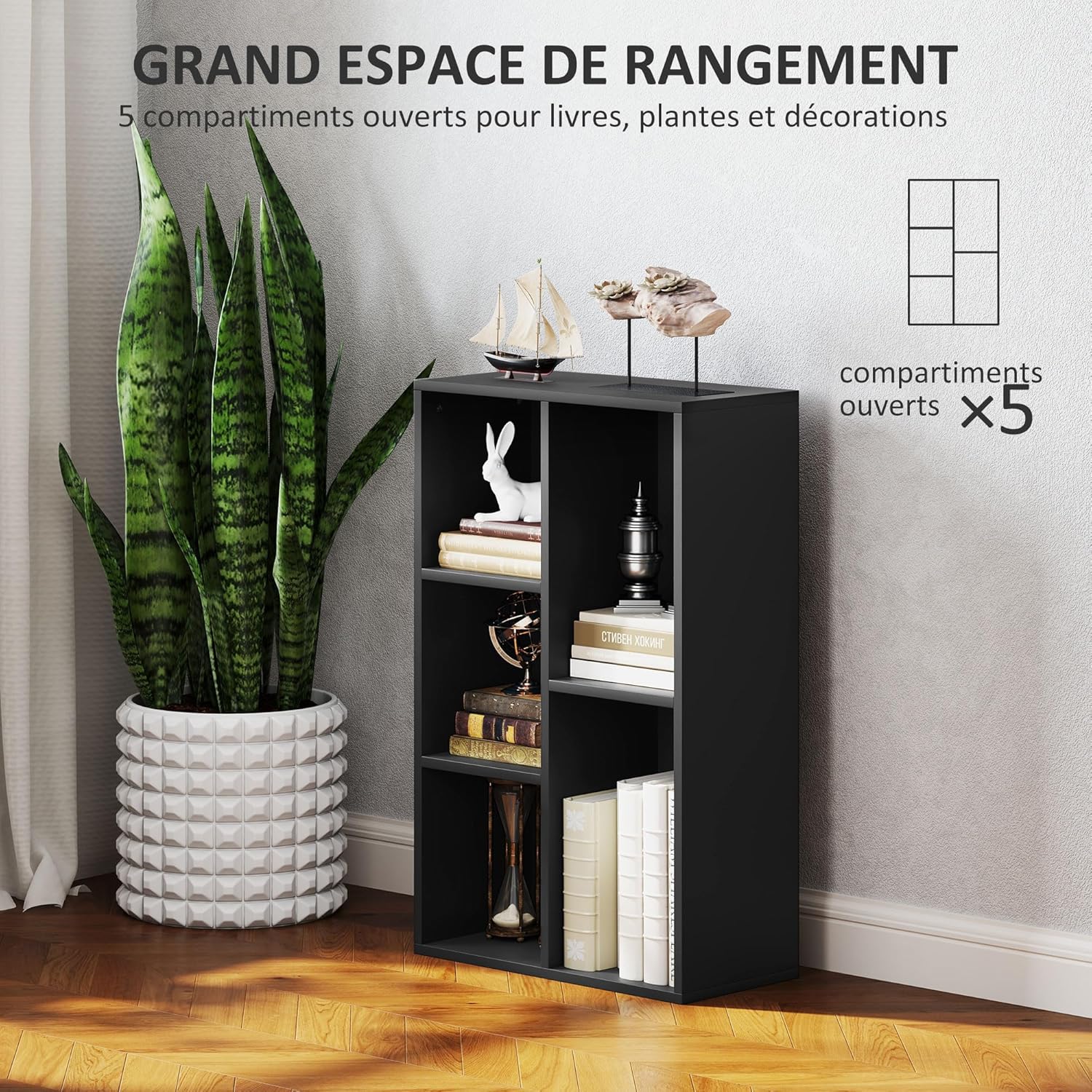 Thumbnail 3 de HOMCOM Bibliothèque étagère de Rangement 2 Niveaux, 5 Compartiments, Noir, 50 x 24 x 80 cm