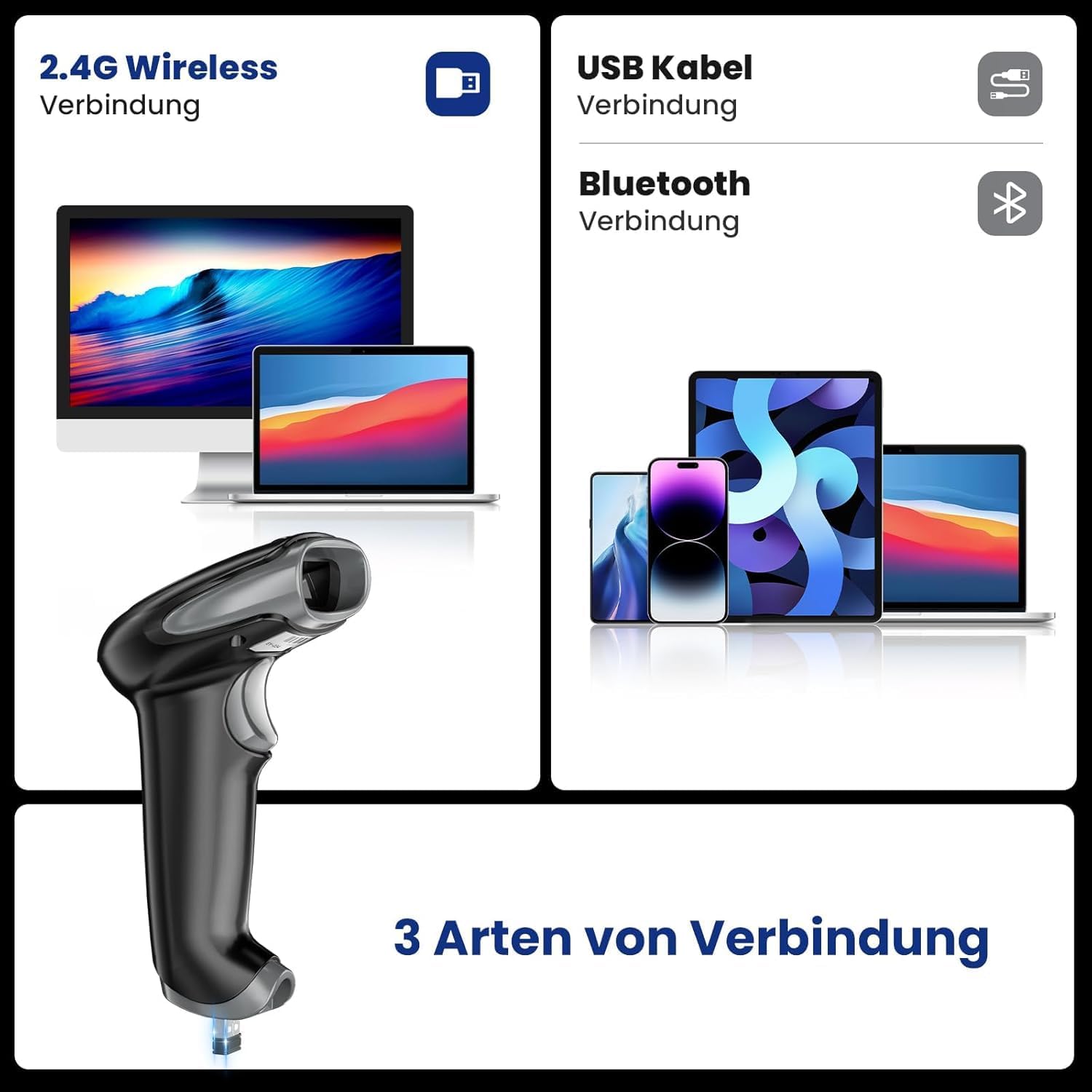 Detalle de Eyoyo EY-034: Lettore di codici a barre wireless 3-in-1 2D/1D con Bluetooth, 2.4G e USB