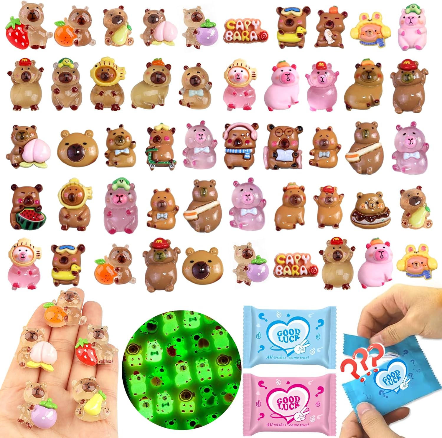 Detalle de 50 Pcs Random Mini Capybara Glow-in-the-Dark Blind Bags – Cute Resin Figures for DIY, Decor, and Party Favors