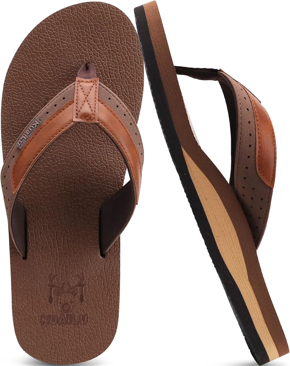 Detalle de KuaiLu men’s flip flops with arch support, faux leather straps and cushioned yoga-foam footbed