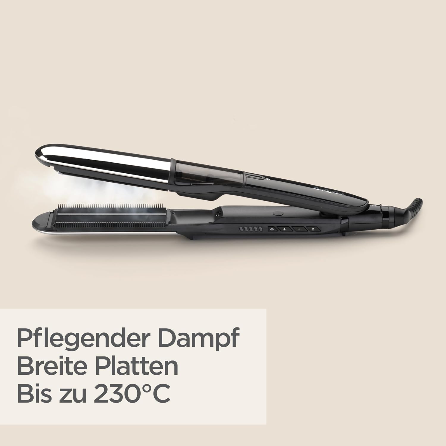 Detalle de BaByliss Steam Shine ST496EB: Dampfbügel-Dampfglätteisen mit XL Turmalin‑Keramikplatten