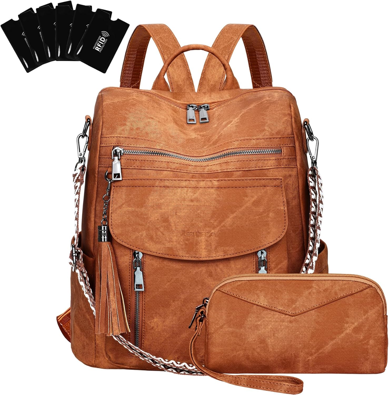Detalle de LEASOUL Damen Rucksack-Set wasserdicht mit RFID-Schutz, veganem Leder und Diebstahl-Features