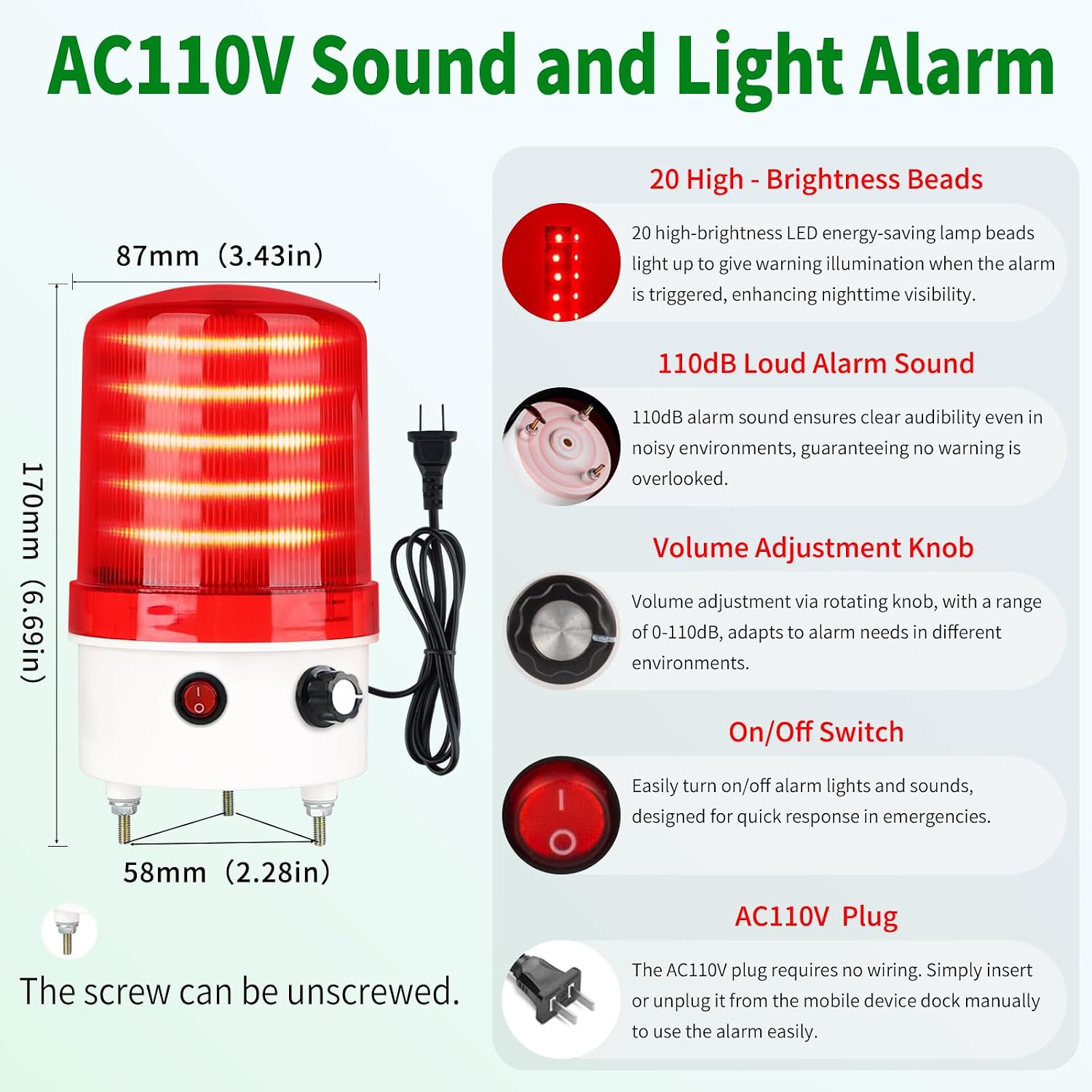 Detalle 1 de 工業用LED回転警告灯 AC110V 赤色ストロボ・音量調整付き