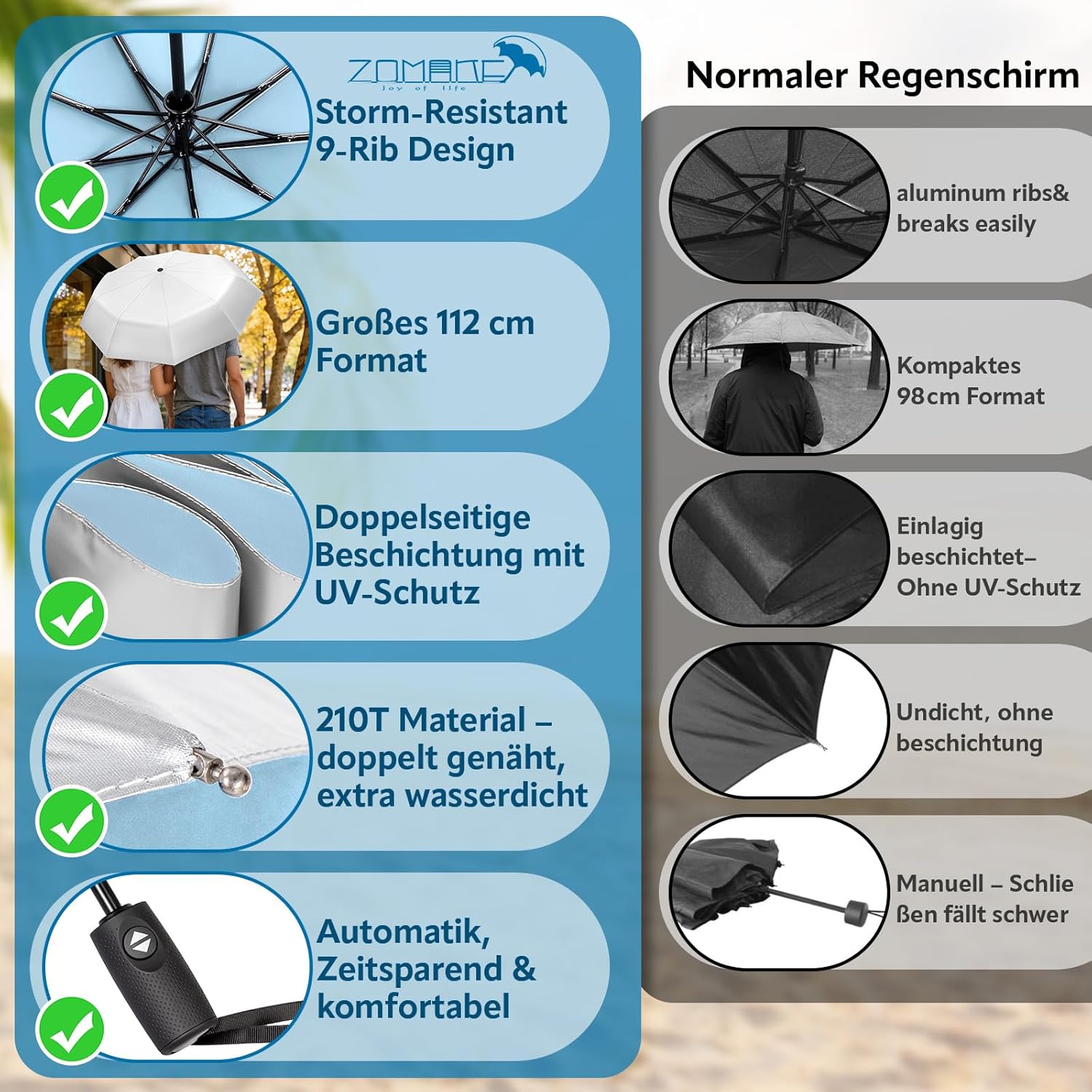 Thumbnail 3 de ZOMAKE Sonnenschirm UPF 50+ Regenschirm – automatik Auf und Zu, kompakt taschenfaltbar