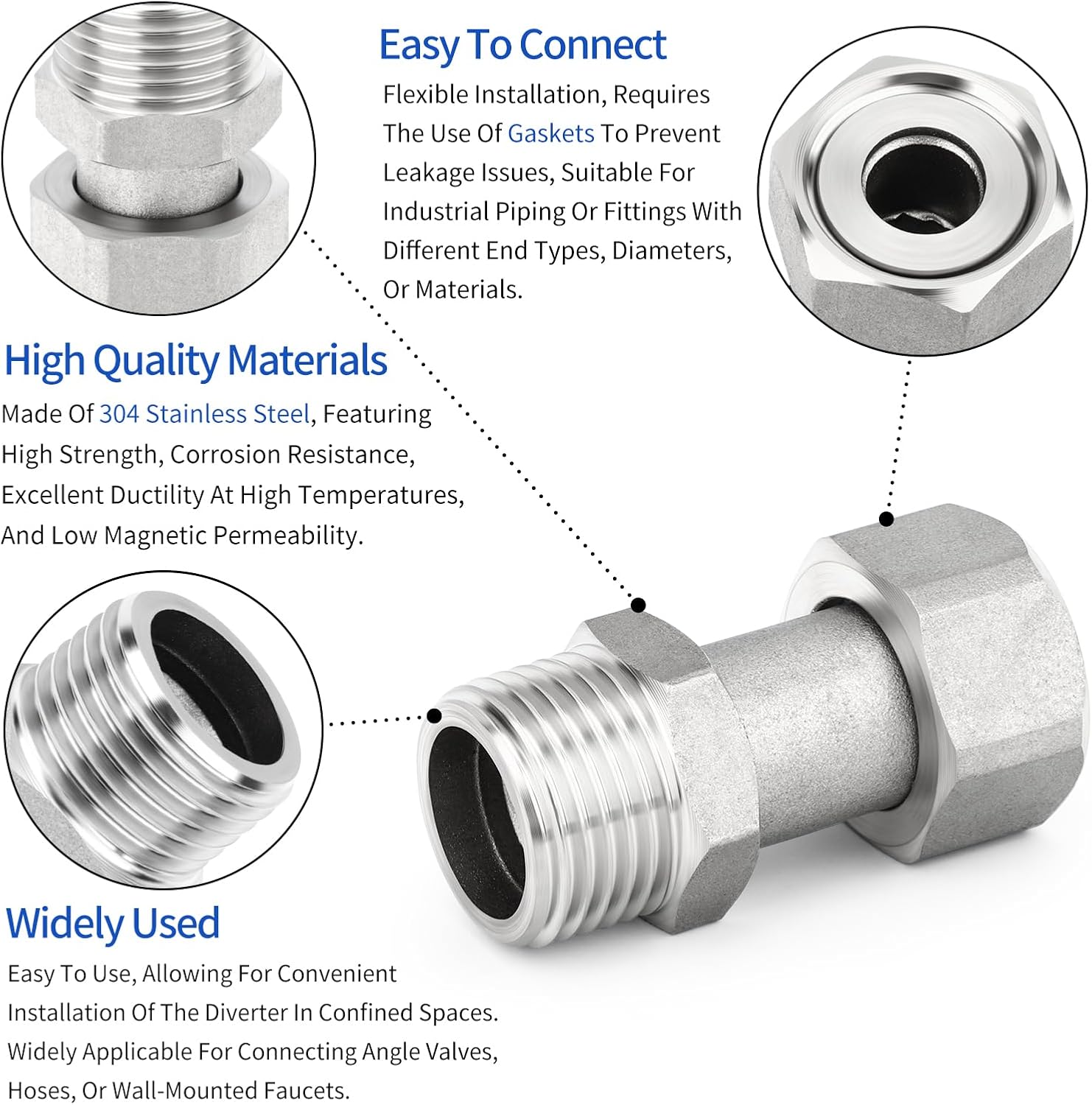 Thumbnail 2 de ERGAOBOY 2Pcs 47mm 304 Stainless Steel Flexible Movable Connector — 1/2" BSP Female & Male for Sprayer, Angled Valve, Shower Arm