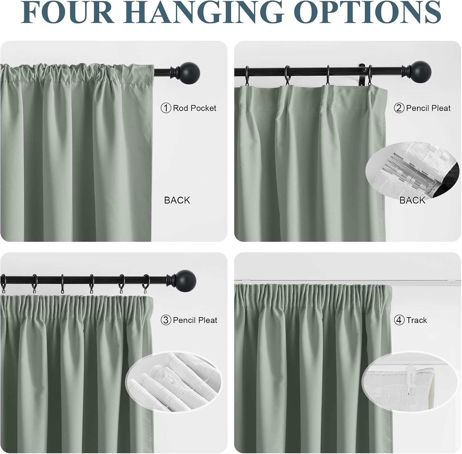 Detalle de PONY DANCE 100% blackout thermal pencil pleat curtains (sage green) – rod pocket, 2 panels