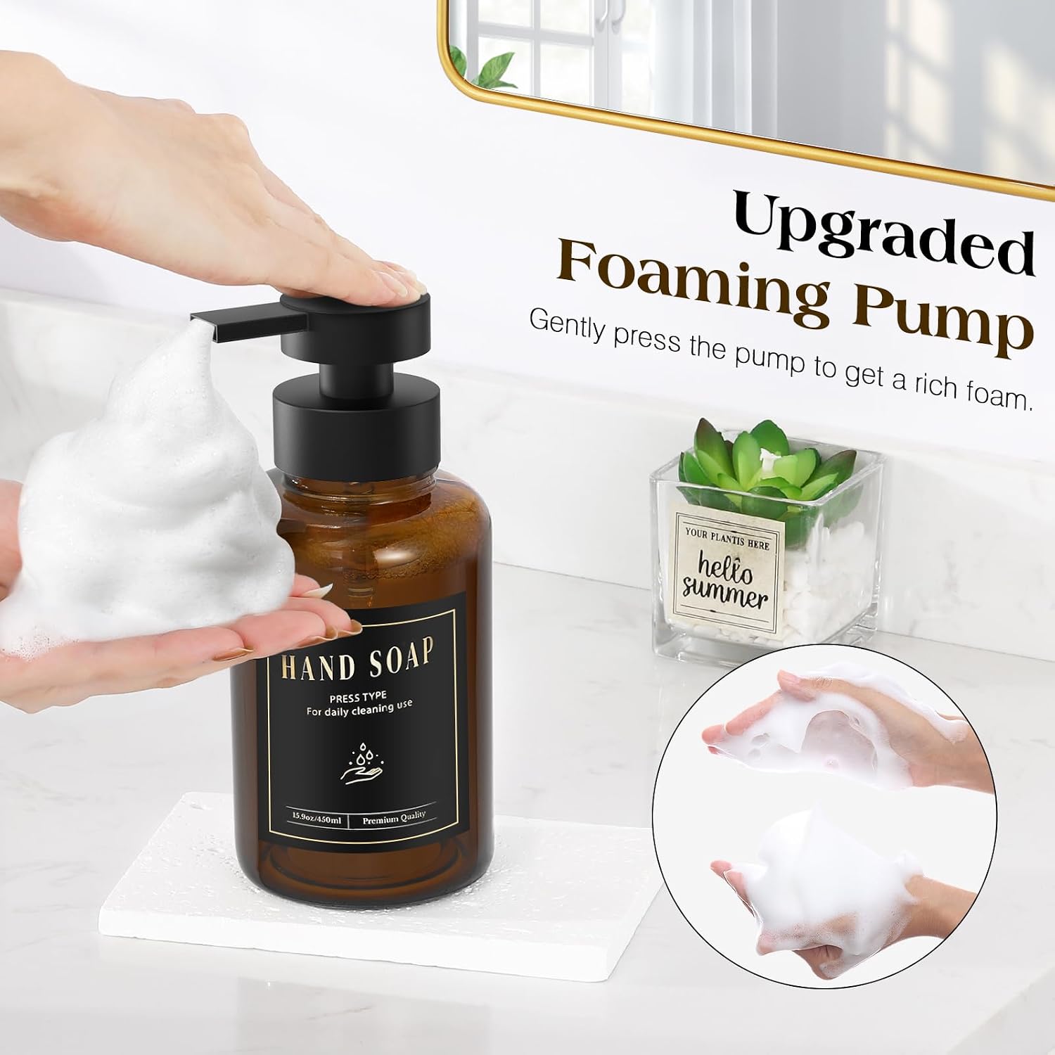 Detalle 2 de Luxspire 15 oz Amber Glass Foaming Soap Dispenser with Anti-Drip Pump