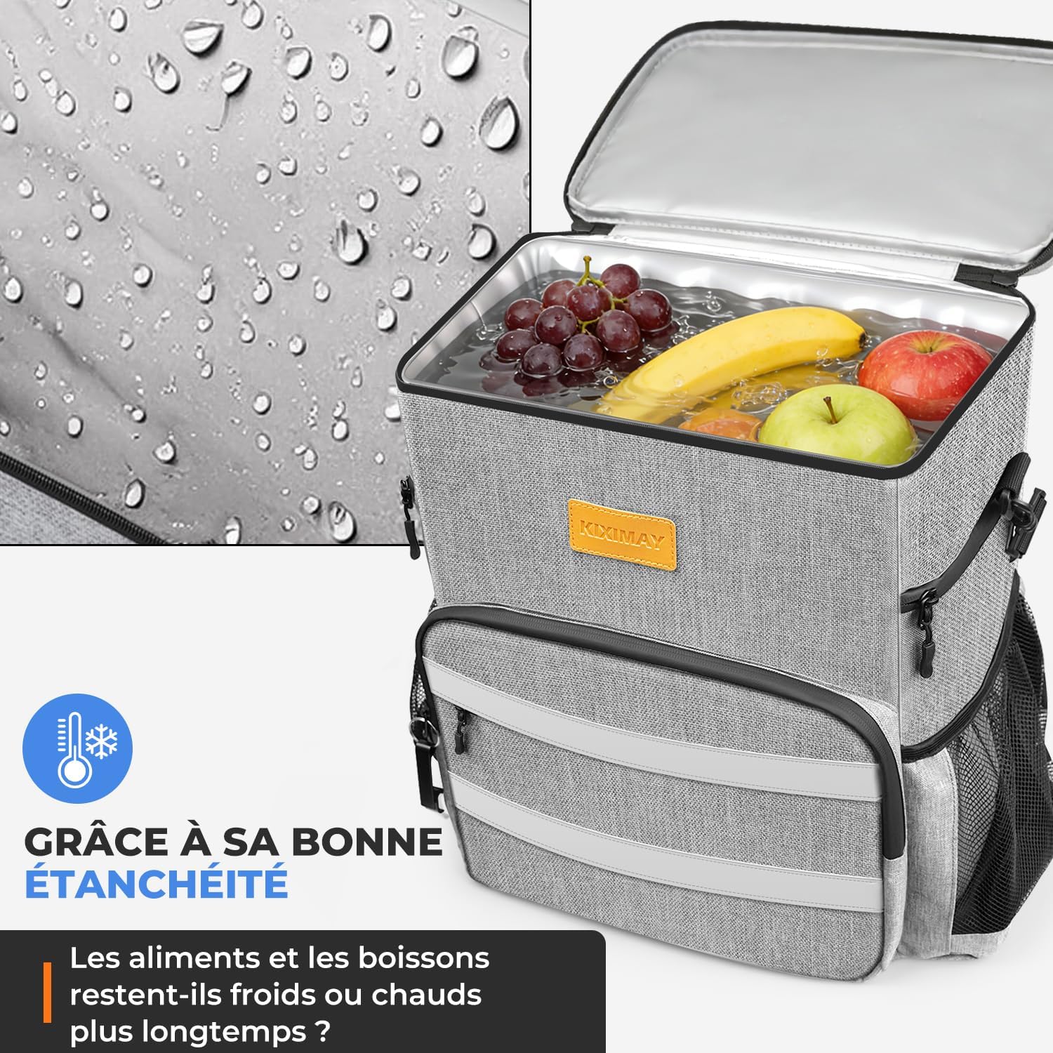 Detalle 2 de Sac à Dos Isotherme 30L Pliable – Grand Capacité, Maintien au Frais 24H, Gris