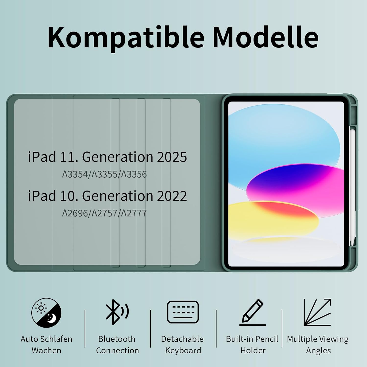 Thumbnail 1 de ZOYU Hülle mit Tastatur für iPad 11. Generation (A16) 2025 und iPad 10. Generation (10,9 Zoll) – Nachtgrün
