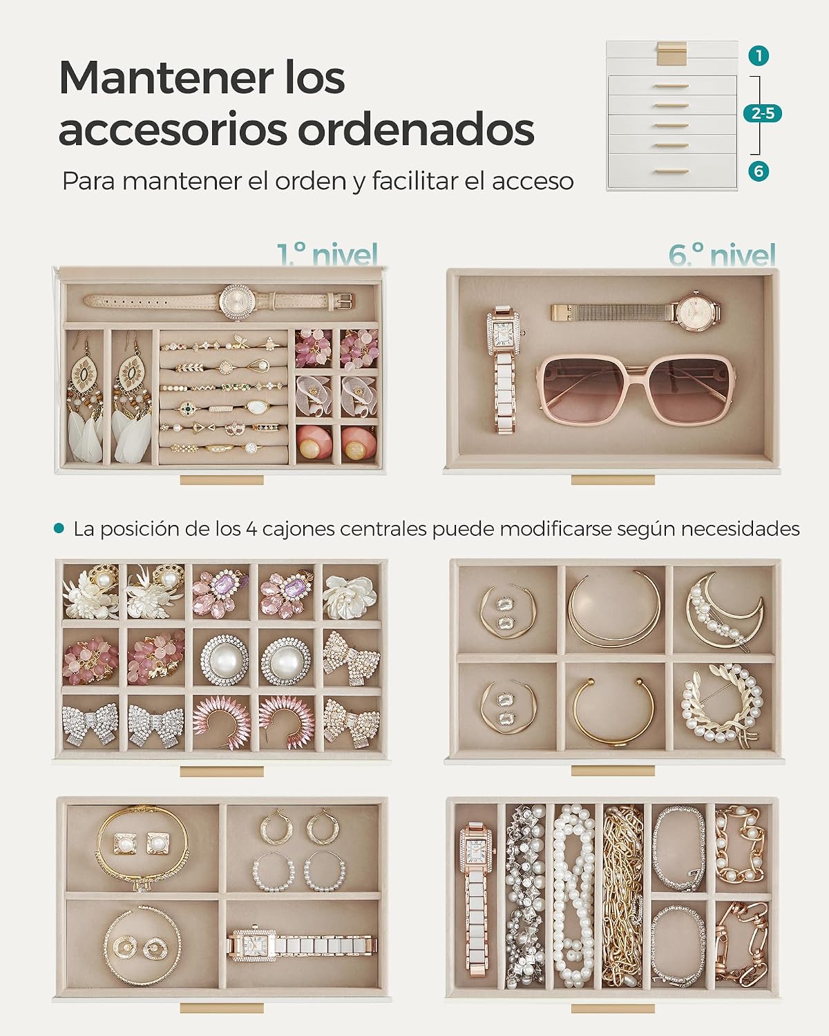 Detalle de SONGMICS Colección GISELLA JBC171W01: caja joyero de 6 niveles con 5 cajones y gran capacidad