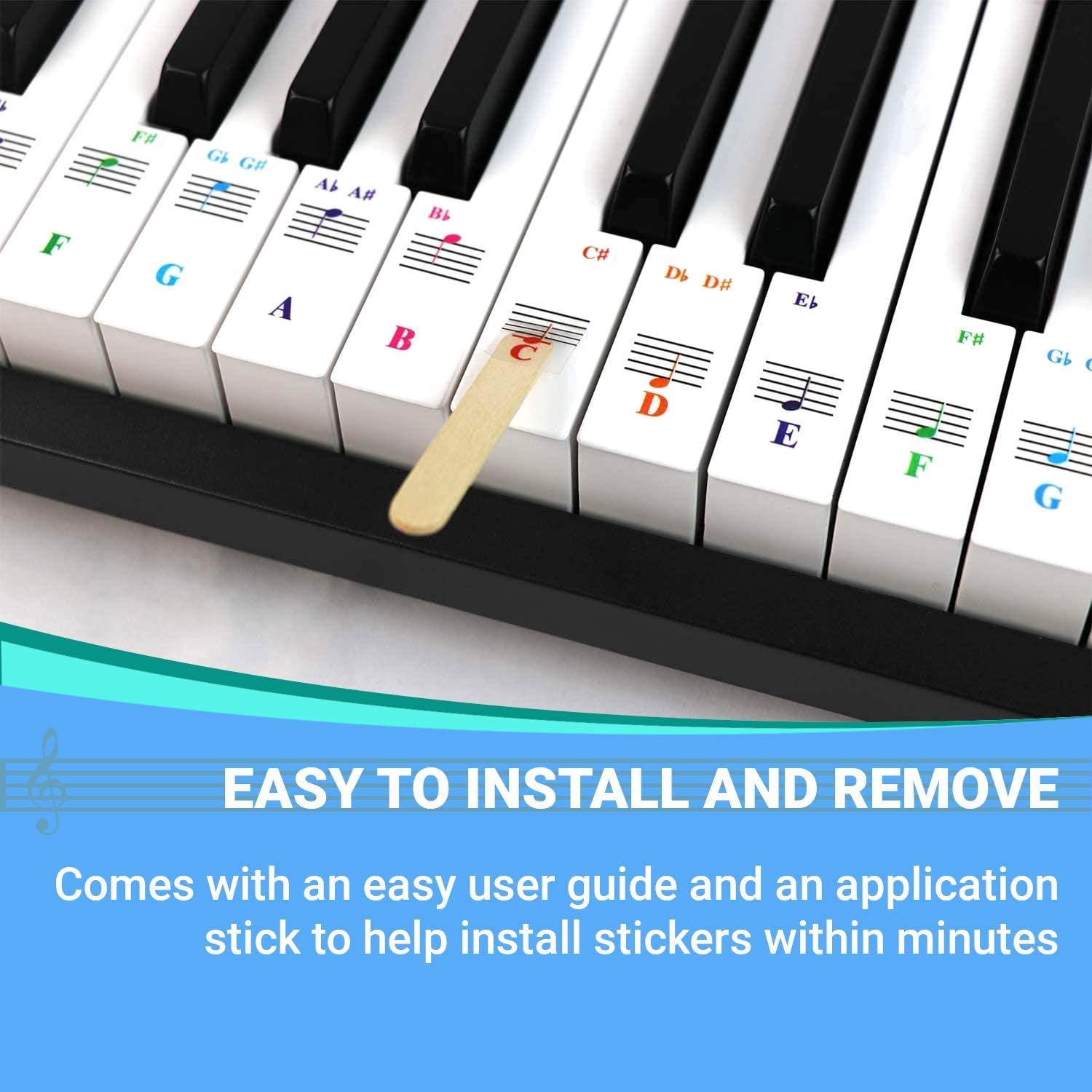 Detalle de QMG Piano Keyboard Note Stickers, 2-Pack, Transparent Vinyl for White Keys