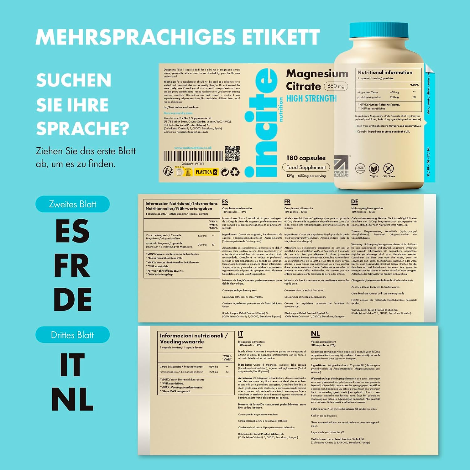 Detalle de Incite Nutrition Magnesium Citrat Kapseln 650 mg – Hochdosierte vegane Ergänzung