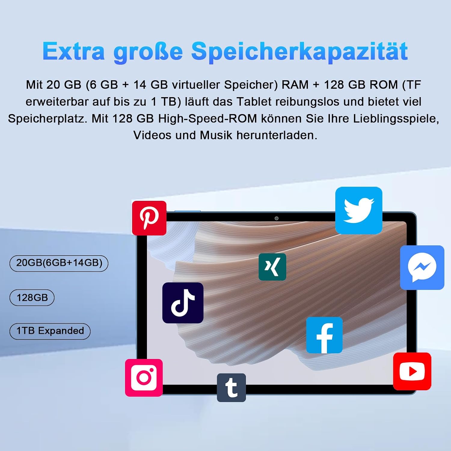 Detalle de SUAAT Tablet 10,1 Zoll – 20 GB RAM, 128 GB ROM, 2 TB Erweiterung, inkl. Hülle, Tastatur & Maus (Blau)