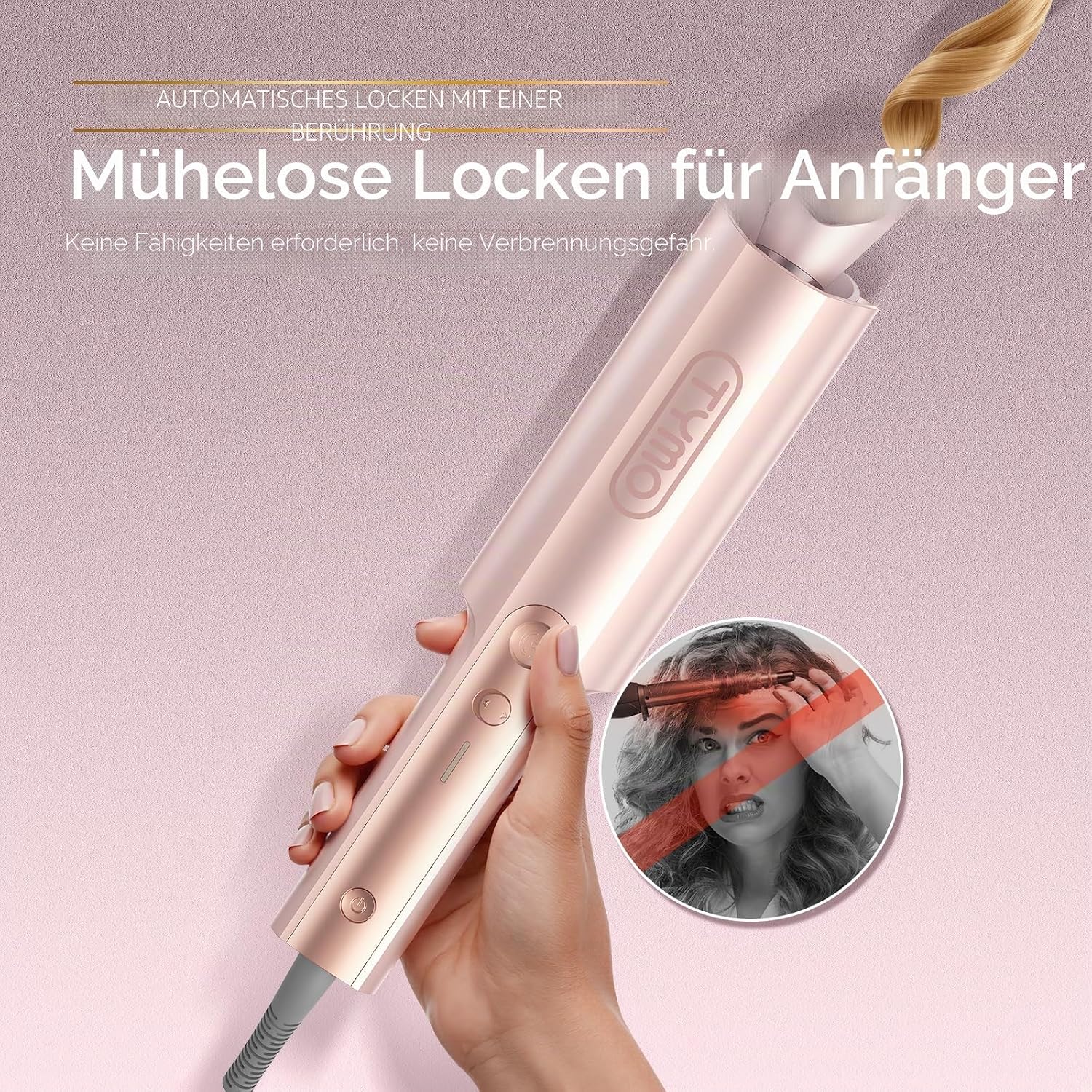 Detalle 2 de TYMO Curlpro Plus Automatischer Lockenstab: Große Locken (25 mm) für langes Haar mit Anti-Verbrühung, Goldrosa
